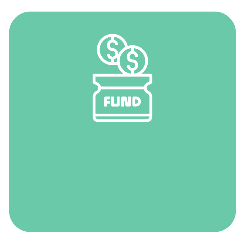 Outline icon of a money fund jar with two coins, one with a dollar sign, on a green background.