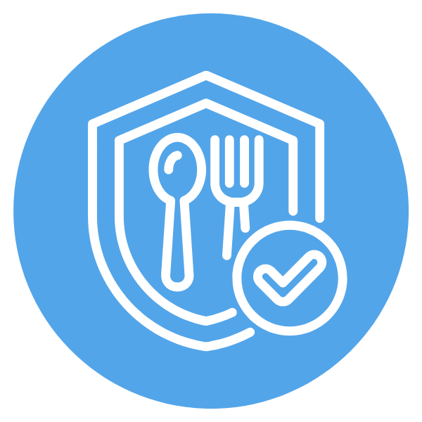 Icon of a plate with a spoon and fork inside a shield with a check mark, indicating food safety or approval.