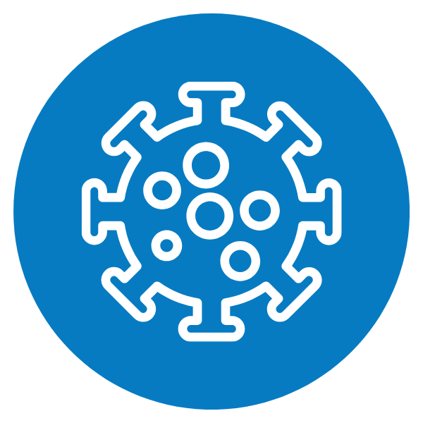 COVID-19 virus icon in white on a blue circular background.