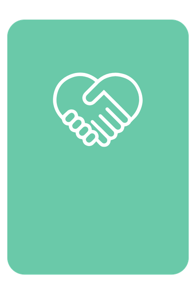 A white outline of two hands shaking inside a heart shape on a green background, symbolizing partnership or agreement.