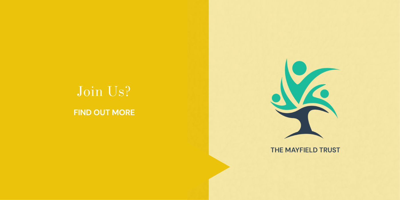 Graphic split into two parts: yellow on the left with white text saying 'Join Us? FIND OUT MORE'; right side features a logo with a stylized tree and three figures in teal and dark blue, and the text 'THE MAYFIELD TRUST' beneath it.