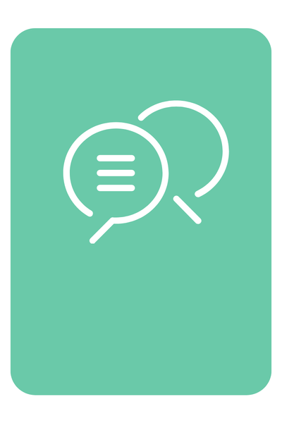 Icon of two speech bubbles with lines indicating conversation or communication on a green background.