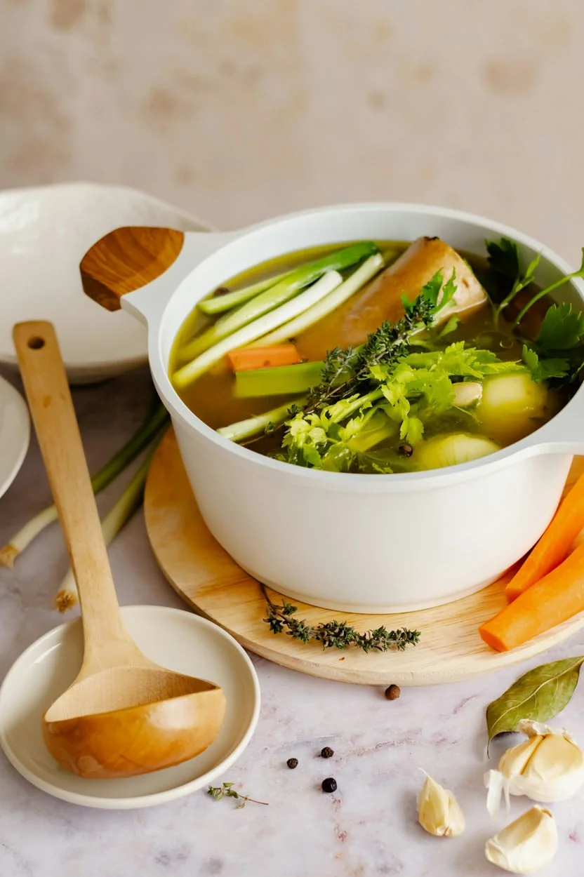 A bowl of vegetable soup garnished with green herbs, placed on a wooden board, with fresh vegetables, garlic cloves, a wooden spoon, and sprigs of herbs around it.