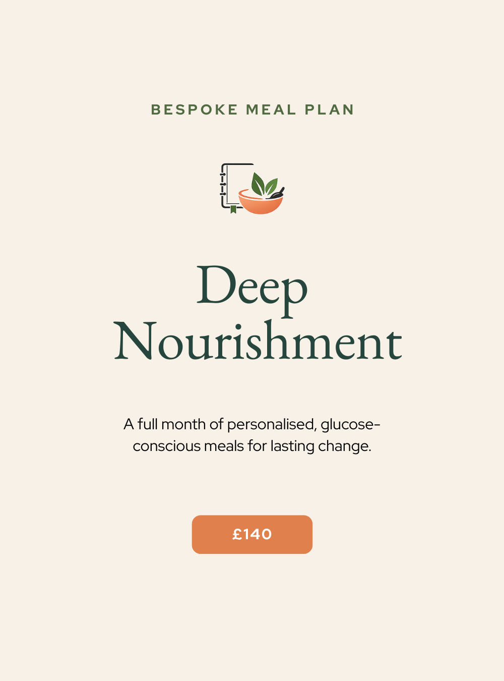 Metabolic meal plan advertisement titled 'Deep Nourishment' with a graphic of a bowl with leaves and a spoon, and a price of £140.