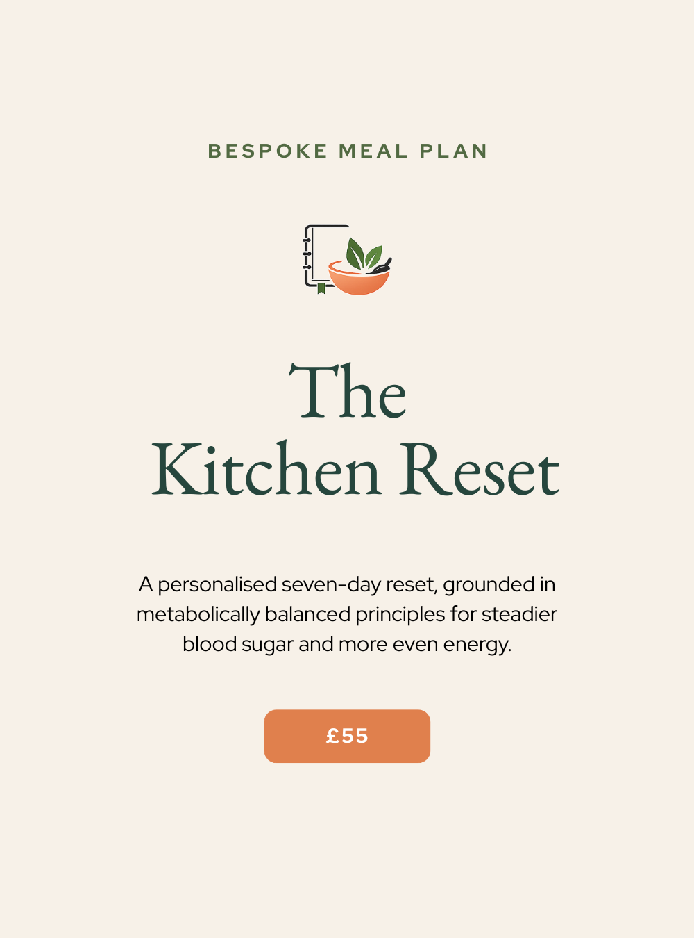 Bespoke Metabolic Meal Plan titled 'The Kitchen Reset' with a small graphic of a bowl and leaves, description about a personalized seven-day reset for balanced blood sugar, priced at £55.