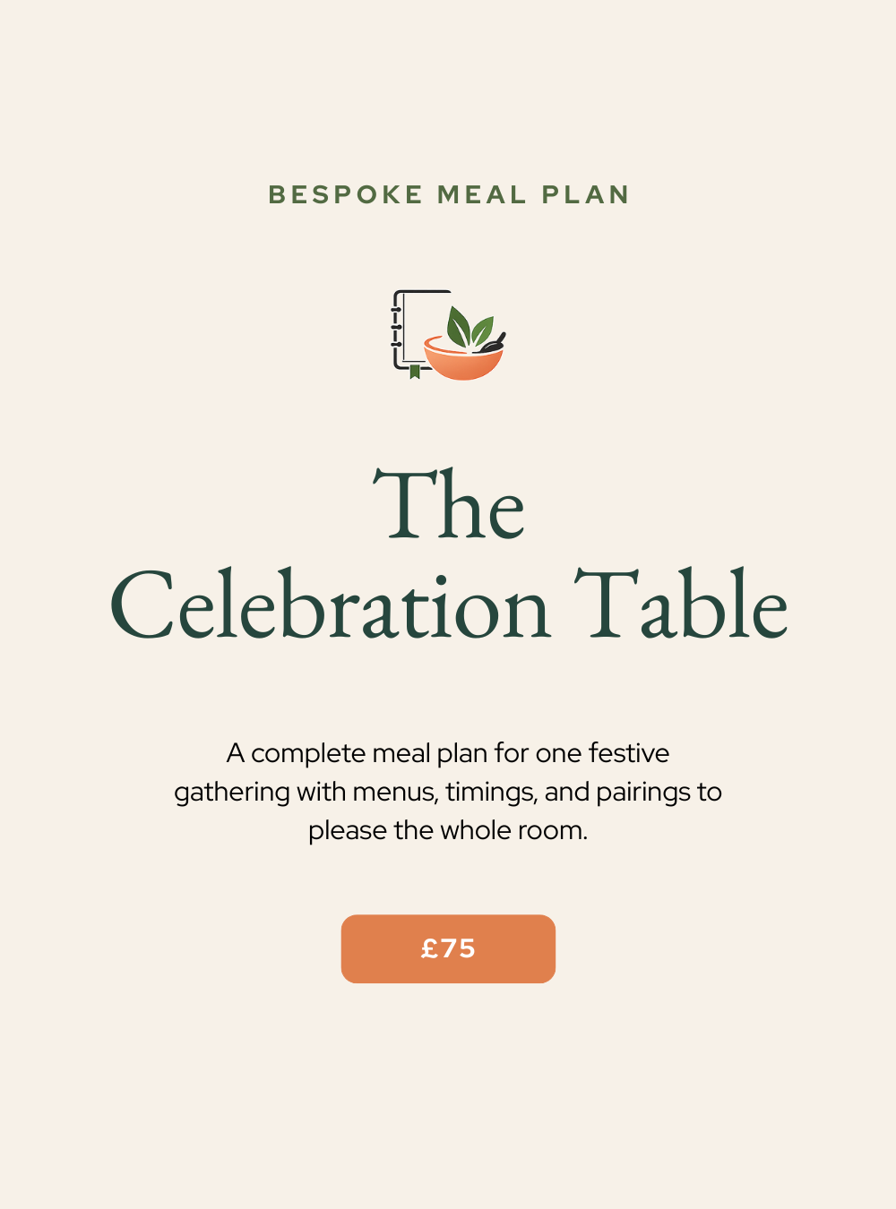 Cover of a metabolic meal planning guide titled 'The Celebration Table' with a subtitle 'A complete meal plan for one festive gathering with menus, timings, and pairings to please the whole room', priced at £75.