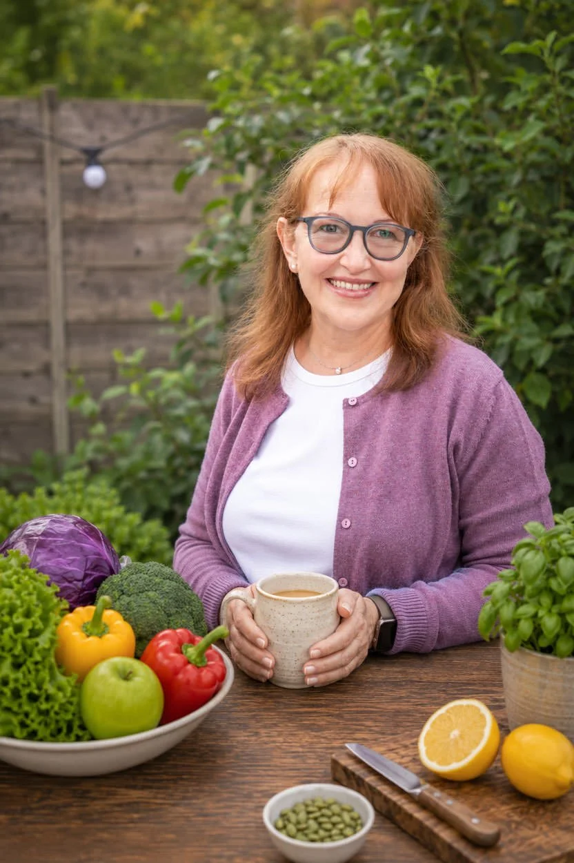 A woman with glasses smiling and holding a mug while sitting at a wooden table outdoors, surrounded by vegetables including lettuce, broccoli, red and yellow bell peppers, an apple, and a lemon, with a potted basil plant and a small bowl of seeds on the table.
