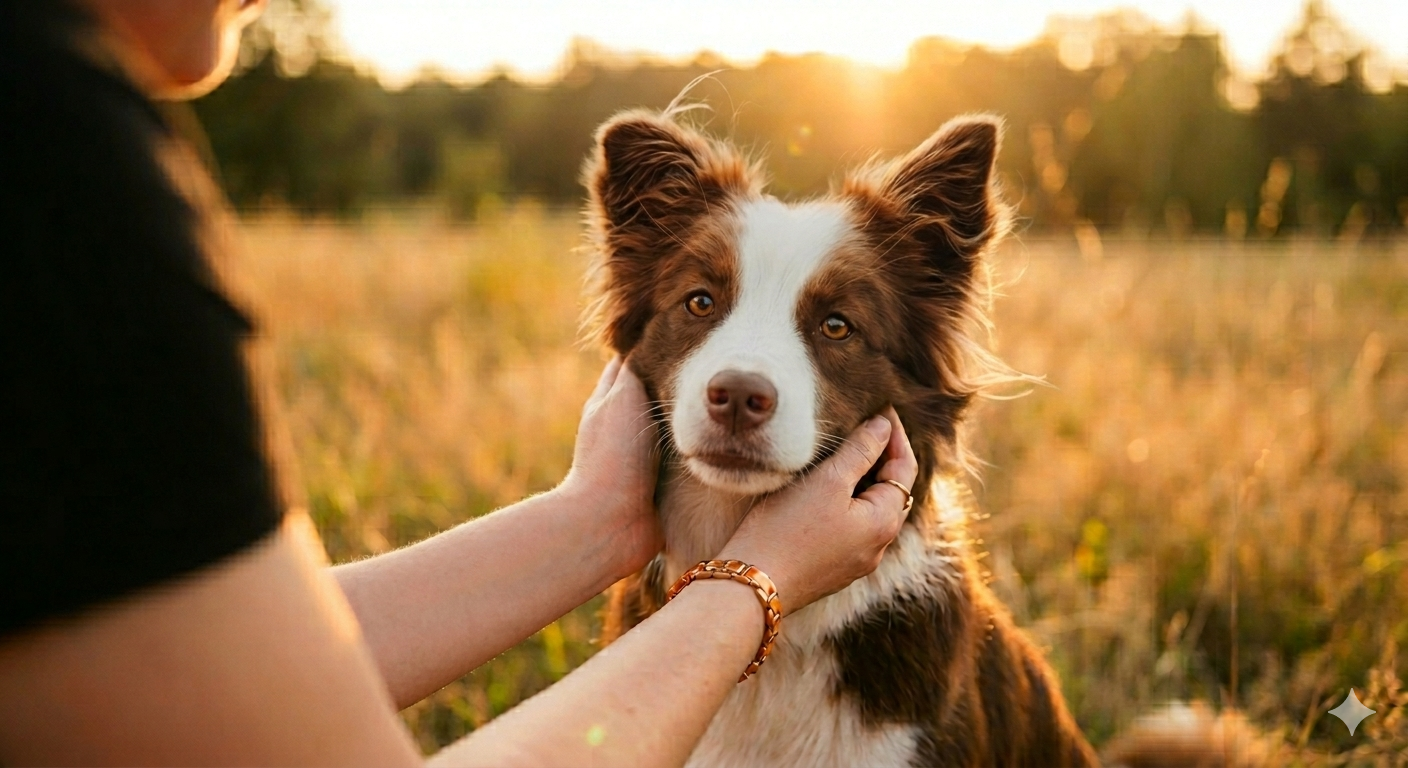 Border Collie wird von Händen gehalten — MORIKU für ein langes Hundeleben