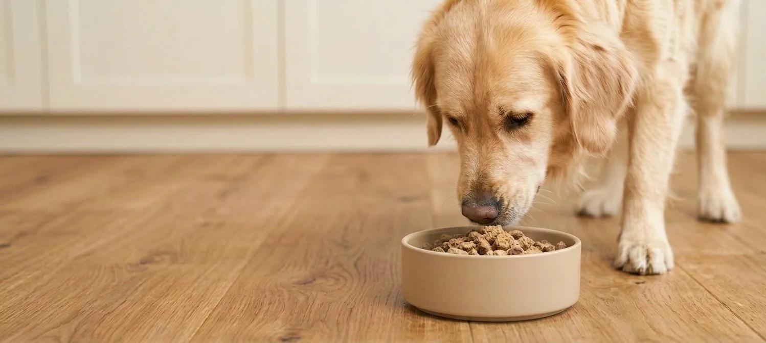 Hund beim Fressen von MORIKU Shiitake-Pulver mit Hundefutter