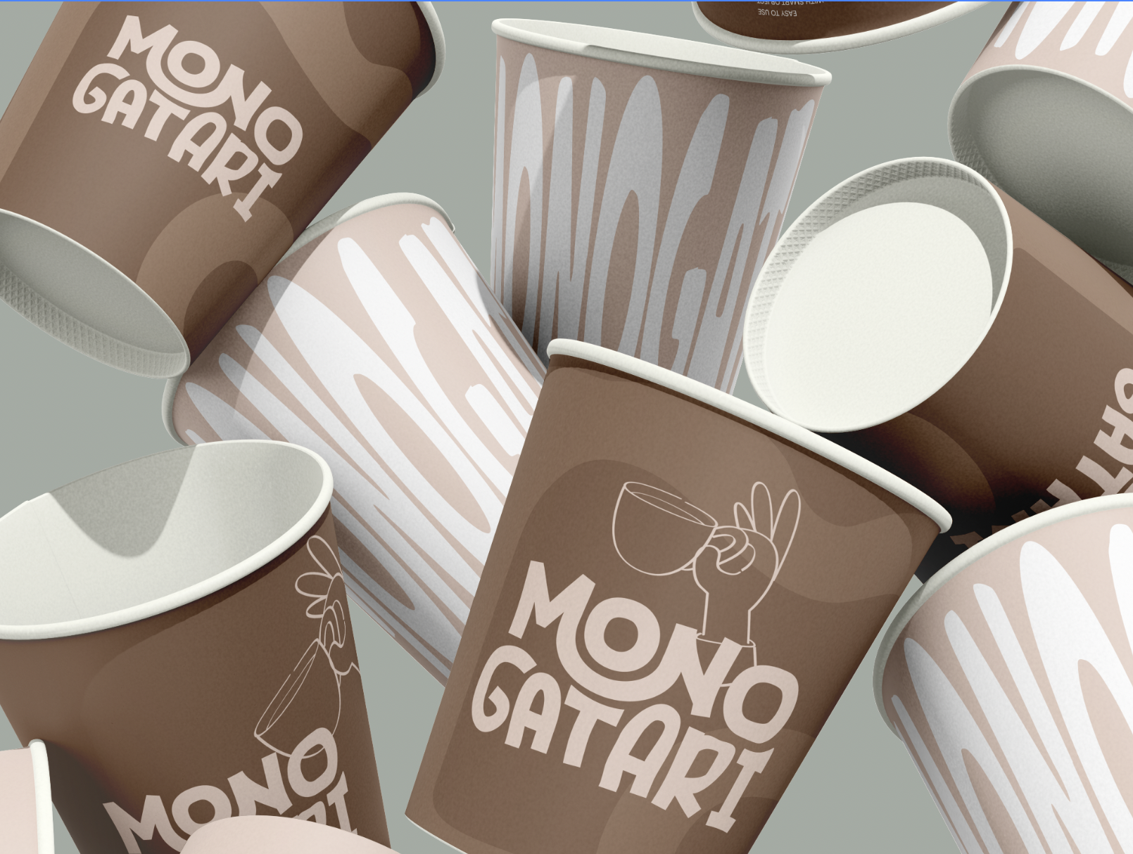 Multiple disposable coffee cups with chocolate brown, light pink, and white designs, with some cups showing the text "Monogatari" and illustrations of coffee cups and hand gestures, scattered and overlapping on a flat surface.