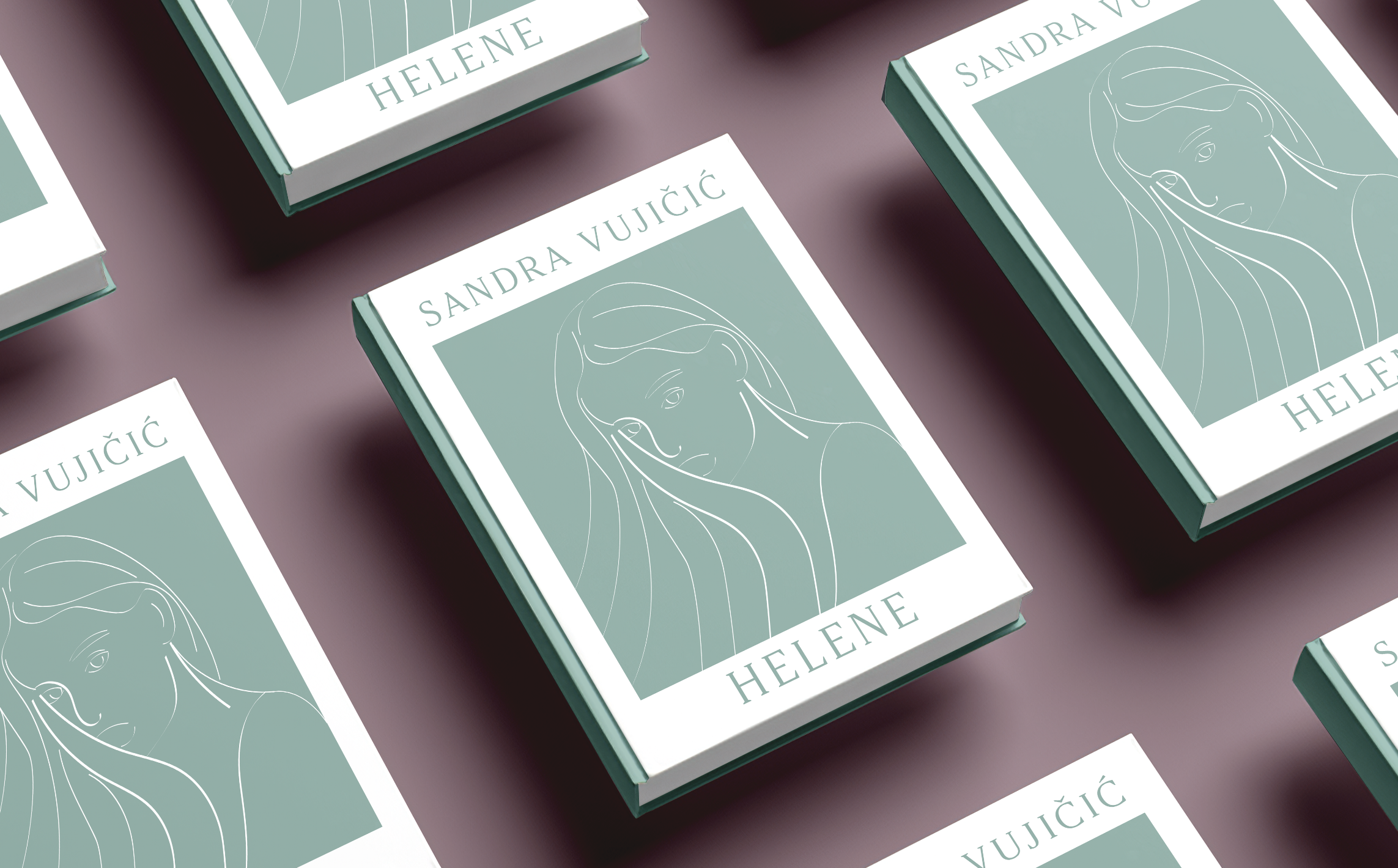 Multiple copies of a book titled 'Helene' by Sandra Vujičić, featuring a minimalist line drawing of a woman's face on the cover, arranged on a pink surface.