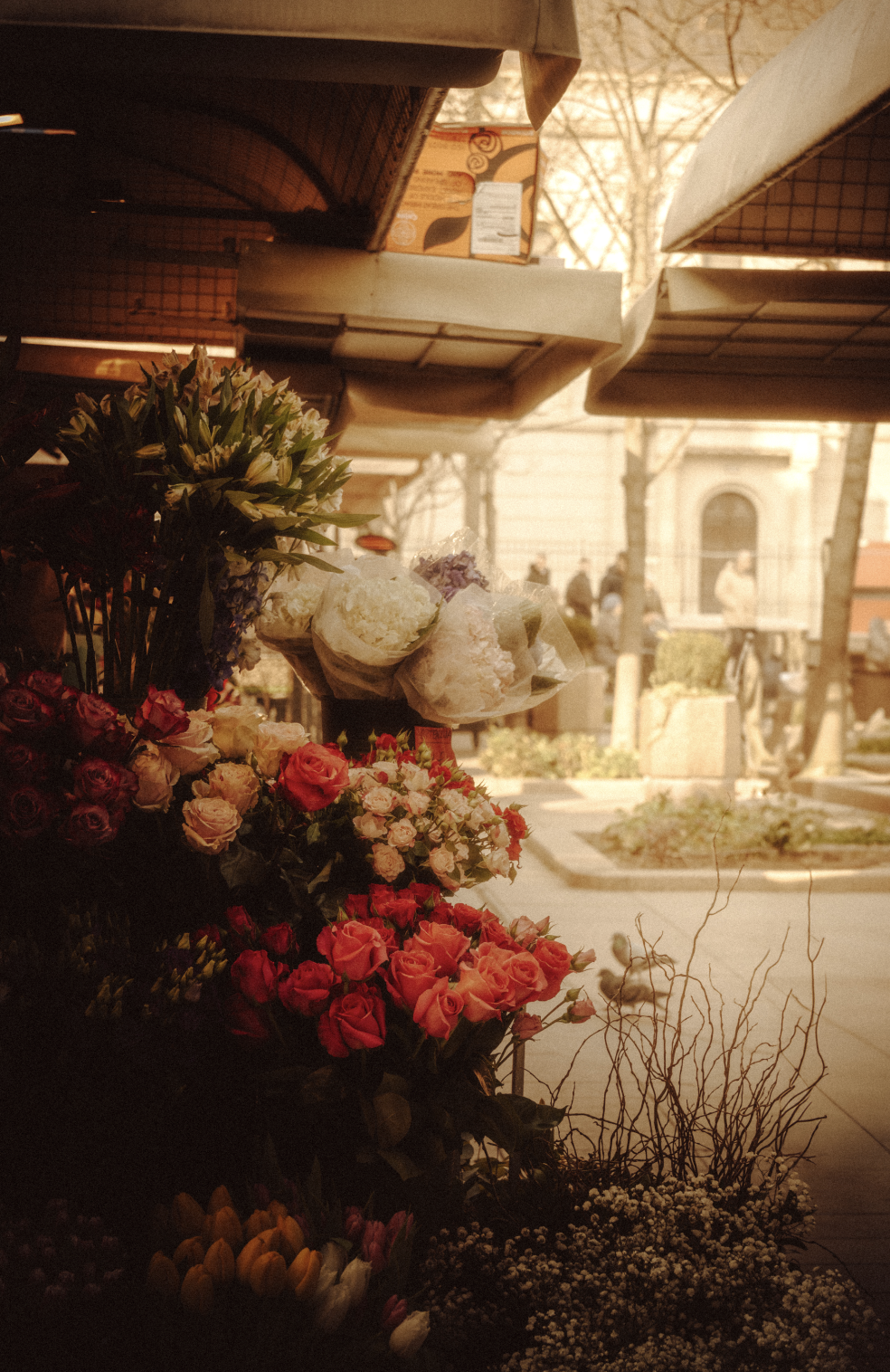 A flower shop display with various flowers including roses and lilies in front of a window, with a city street and pedestrians visible outside.