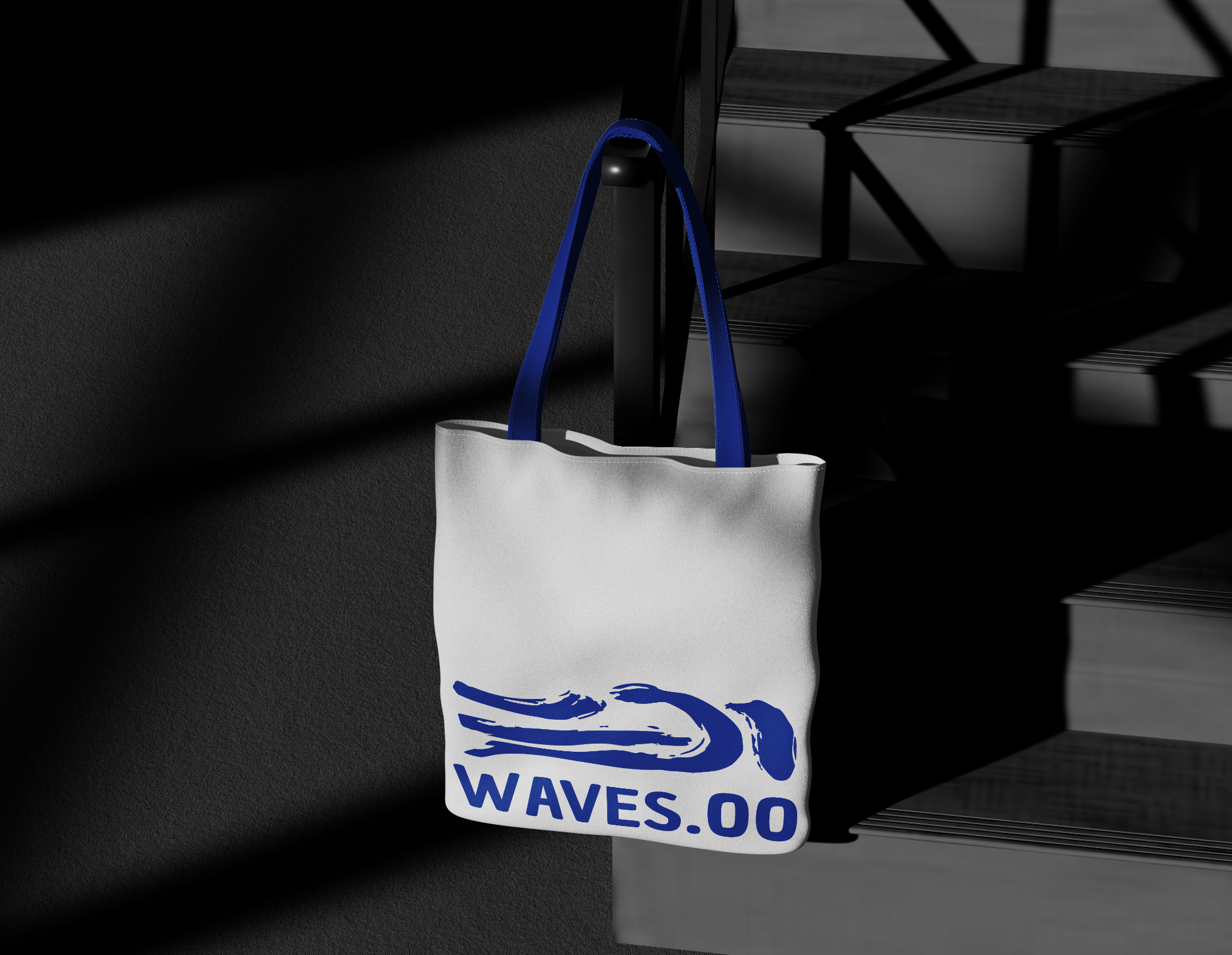 A white tote bag with blue handles hanging on a black metal shelf, with a street sign reading 'WAVES 00' partially visible in front of the bag.