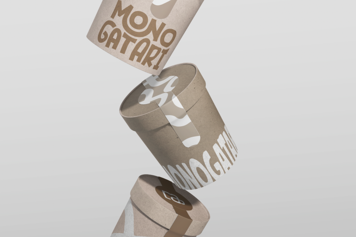 Three biodegradable coffee cups with logos and text, arranged in a diagonal line, with the middle cup open and empty in the center.