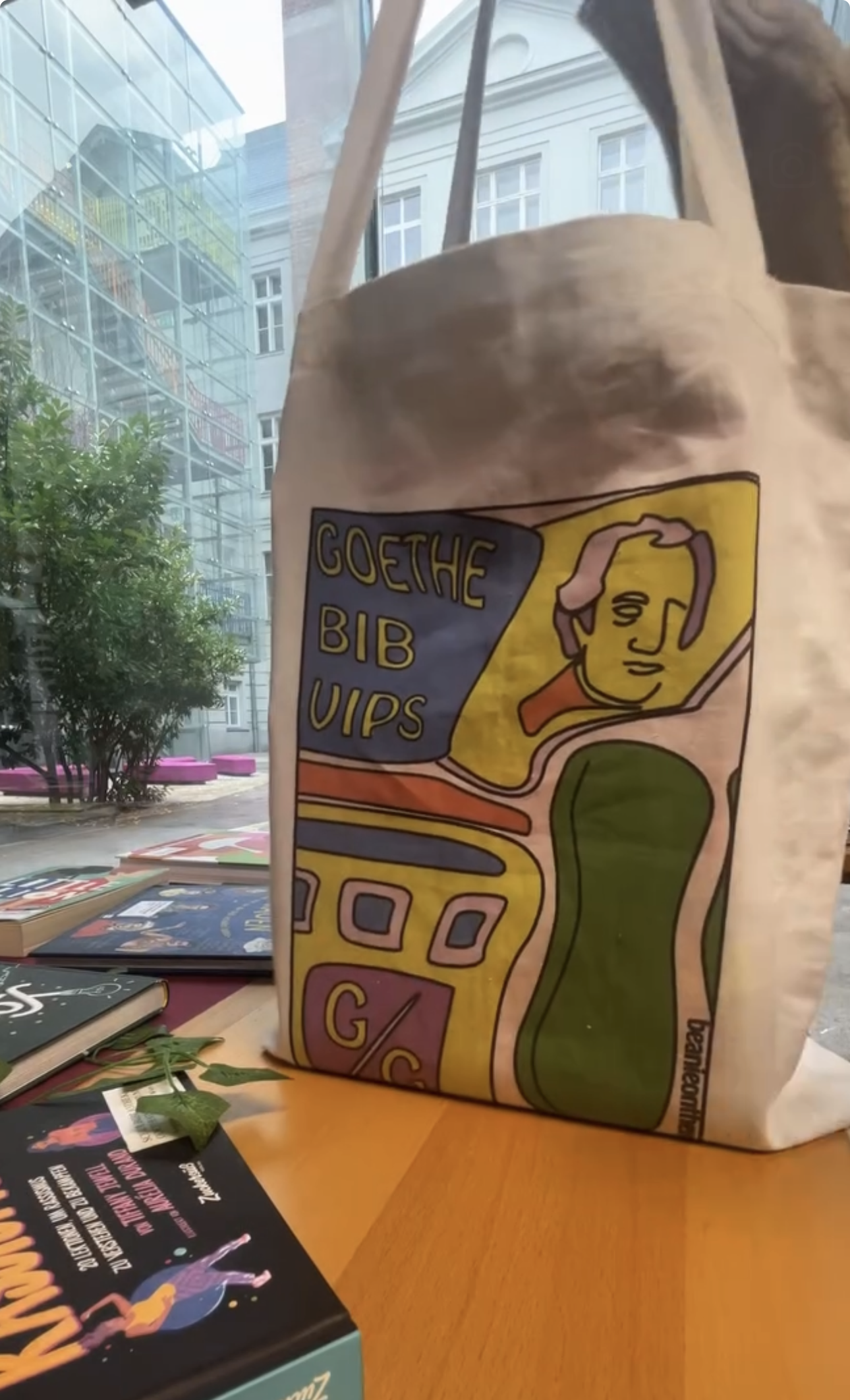A paper bag with colorful, cartoon-style graphics and text that reads 'Goethe Bib VIPS.' The bag is on a table inside a room with windows and a building visible outside. There are books and flyers on the table.