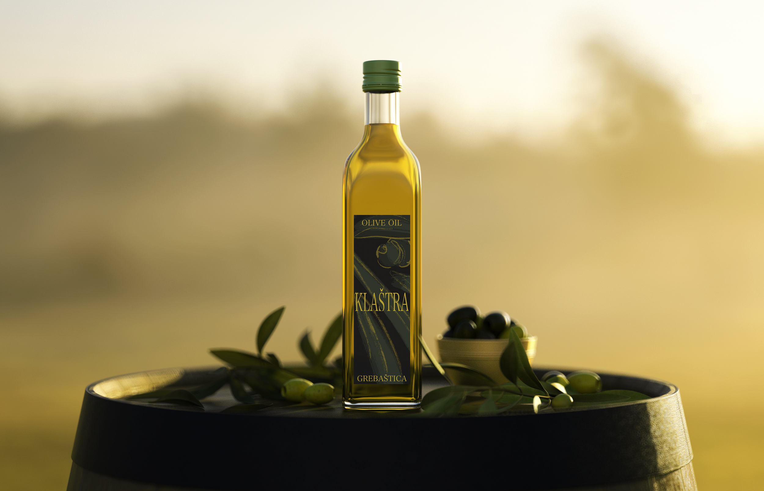Olive Oil Bottle with gold olive with the label on it. Olives on the table in the sunset.