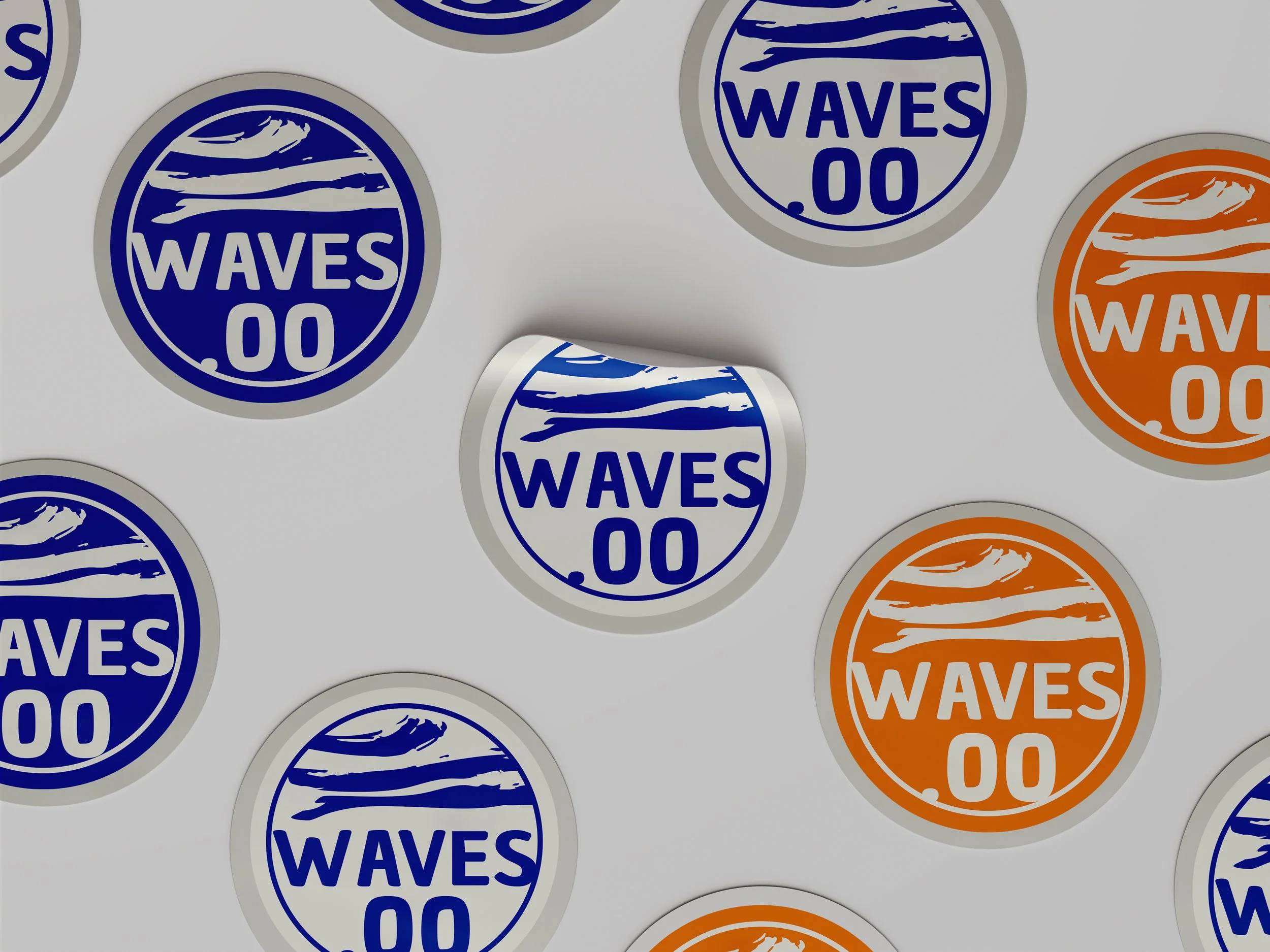 Multiple round stickers with the design of blue and orange wave and the words 'WAVES 00' printed in the center, scattered on a white surface.