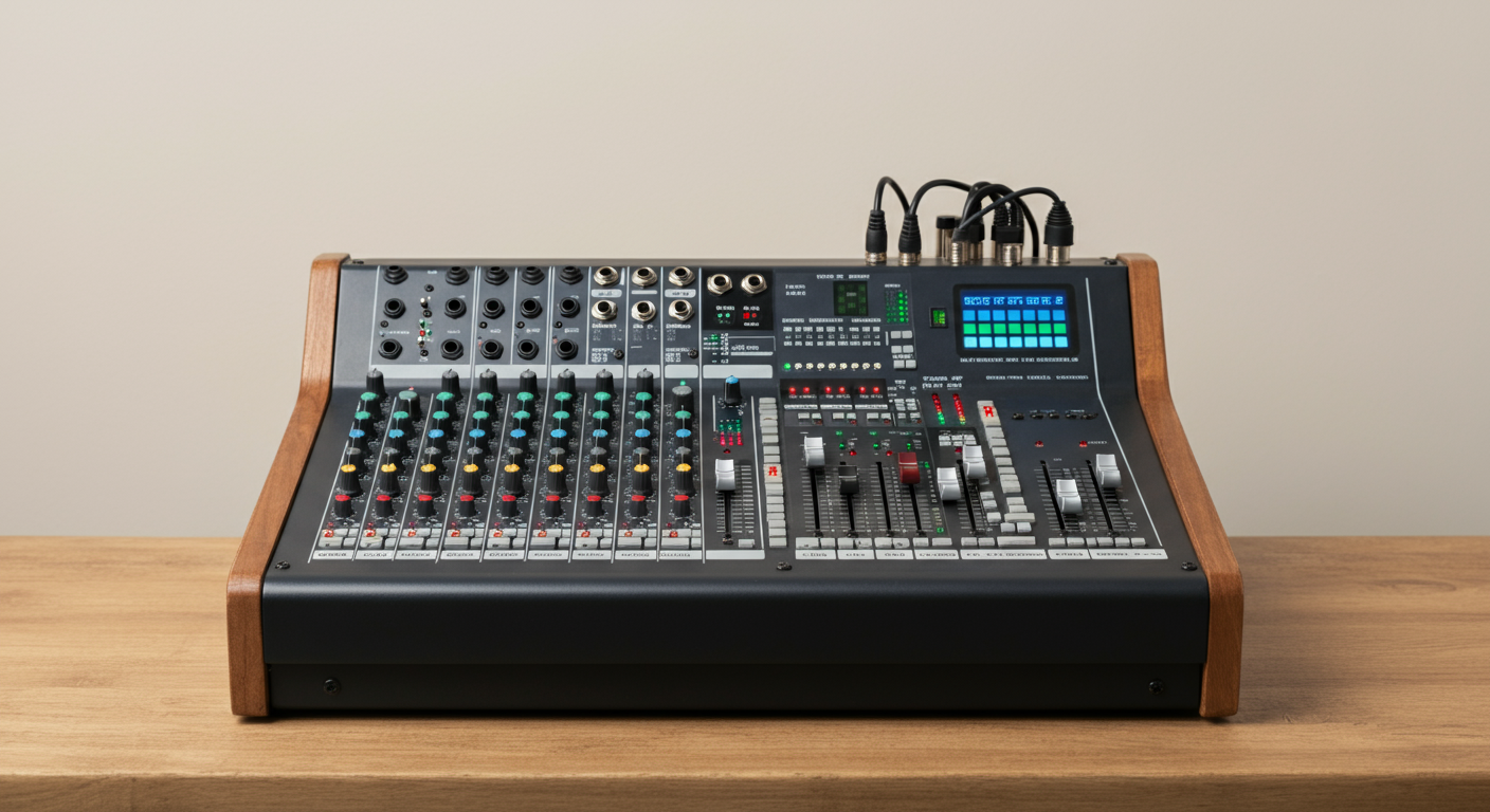 A professional audio mixing console with multiple sliders, knobs, and digital displays, placed on a wooden table.