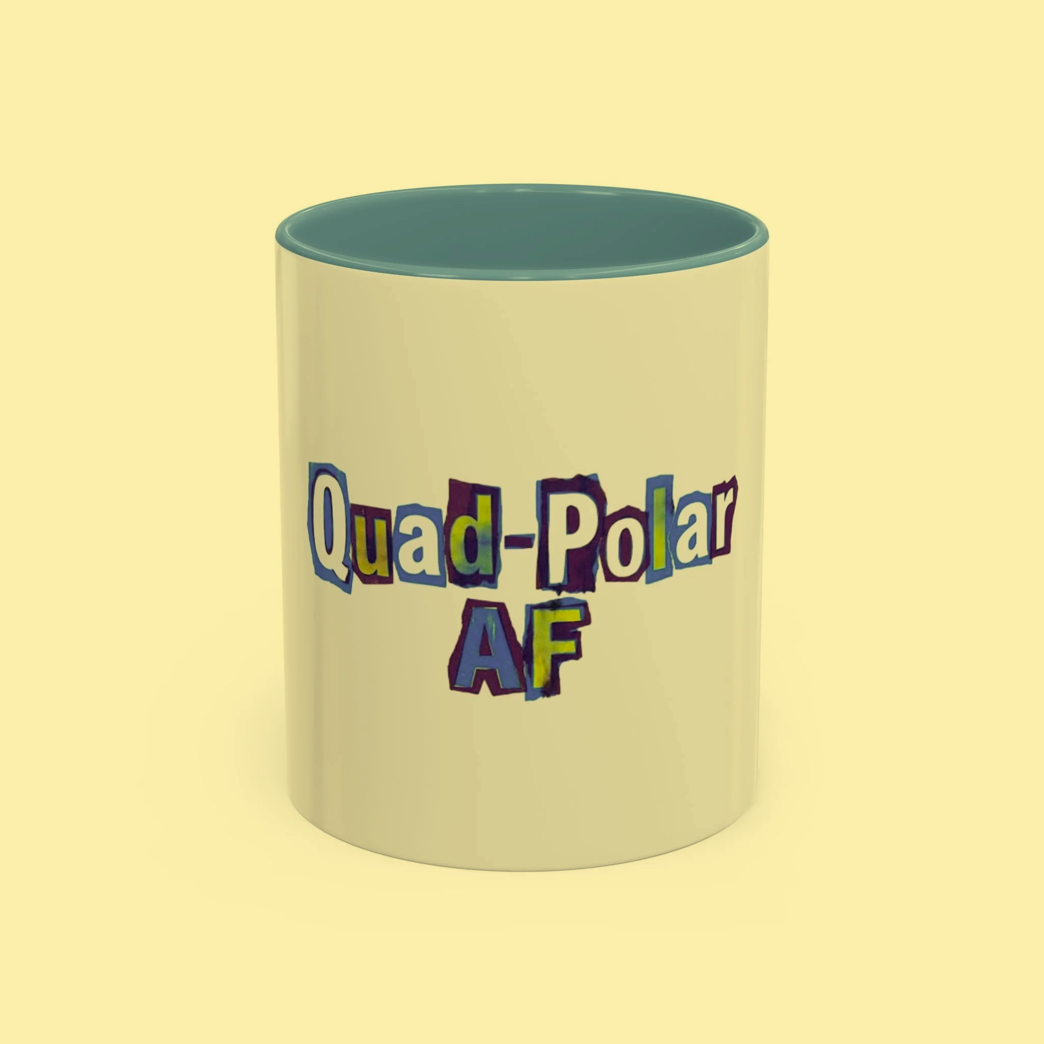 A white cylindrical container with colorful, rainbow-style text reading "Proudly" on it, set against a light yellow background.