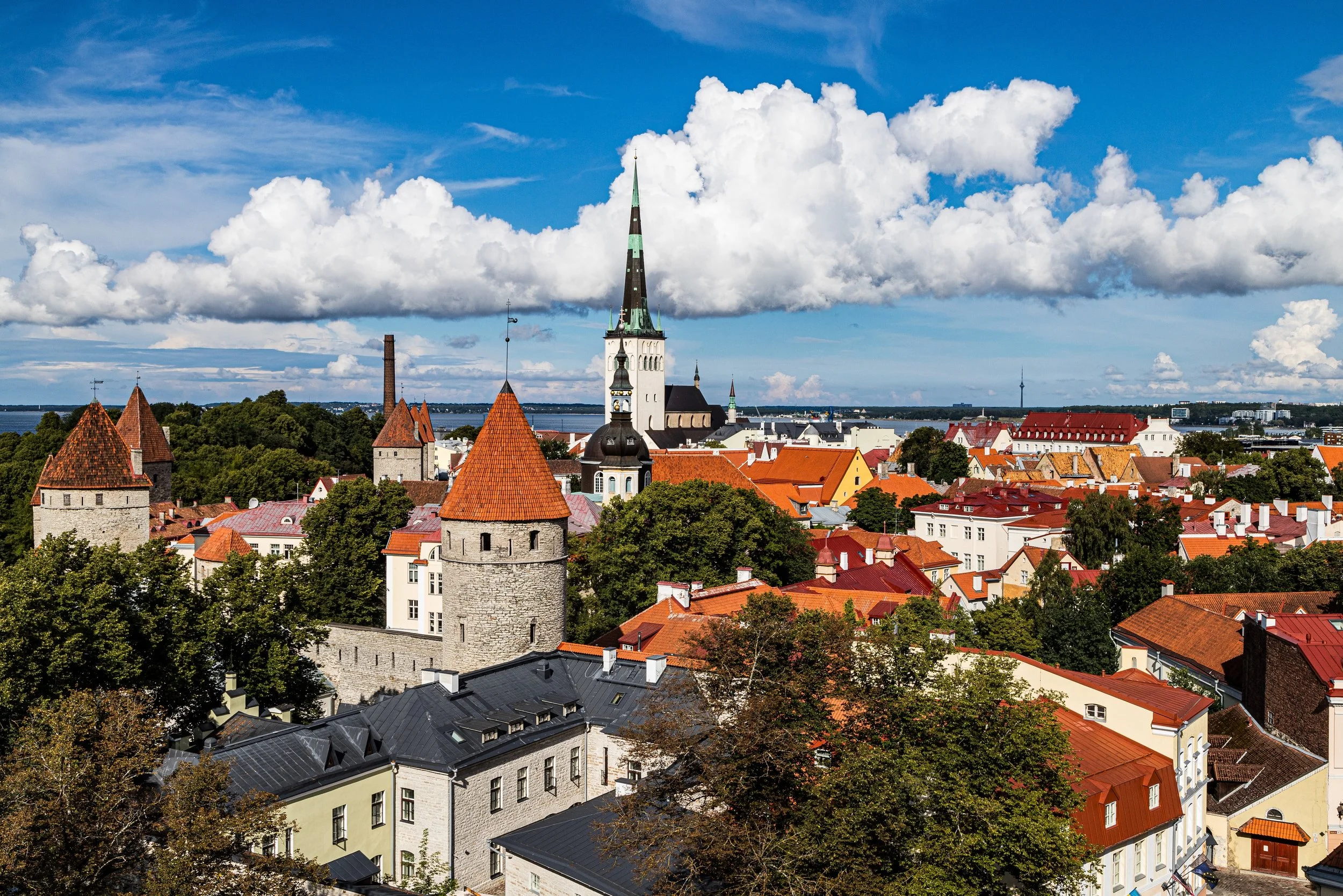 A panoramic view of a historic European city with medieval towers, a church with a tall spire, orange tiled roofs, lush green trees, and a partly cloudy sky over a water body in the background.