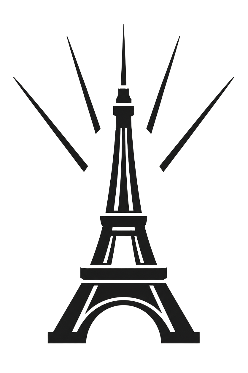 Black silhouette of the Eiffel Tower with clock hands shaped like the tower, indicating the time of 2:30.