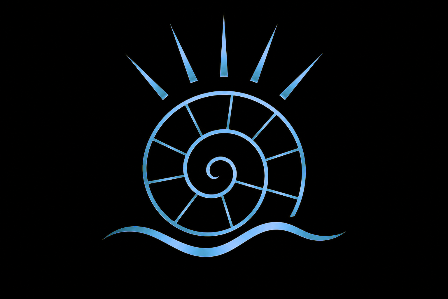 A glowing blue spiral shell with a sunburst pattern at the top and wavy lines at the bottom against a black background.