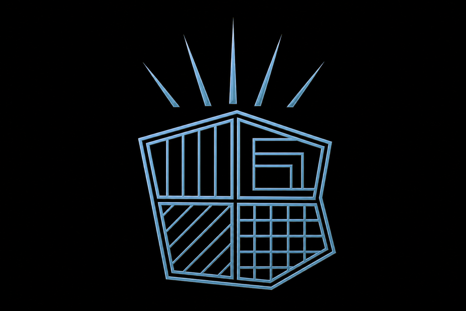Neon outline of a Rubik's Cube with rays emanating from the top, set against a black background.