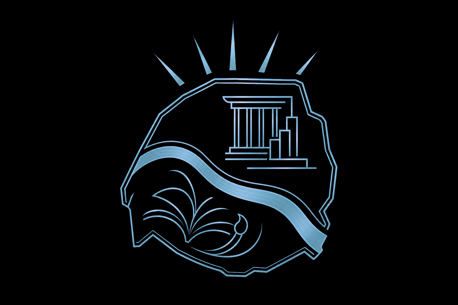 A stylized graphic of a person wearing a construction helmet with a river, water, a columned building, and bar graphs inside it.