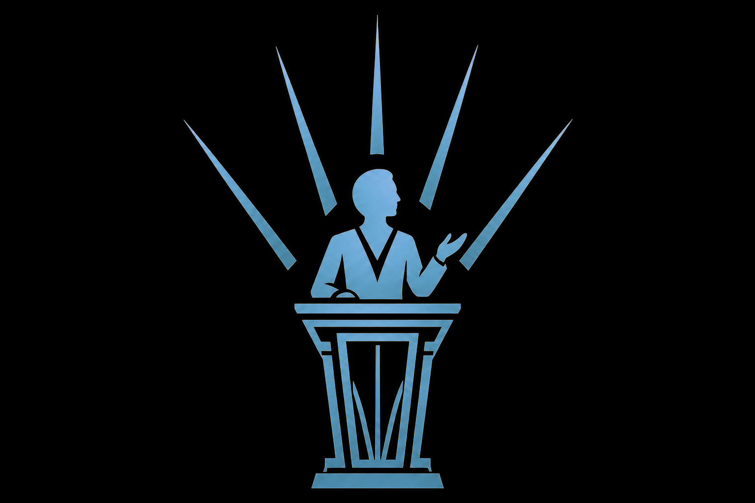 Neon sign of a person at a podium with five light beams radiating around them, in blue on a black background.