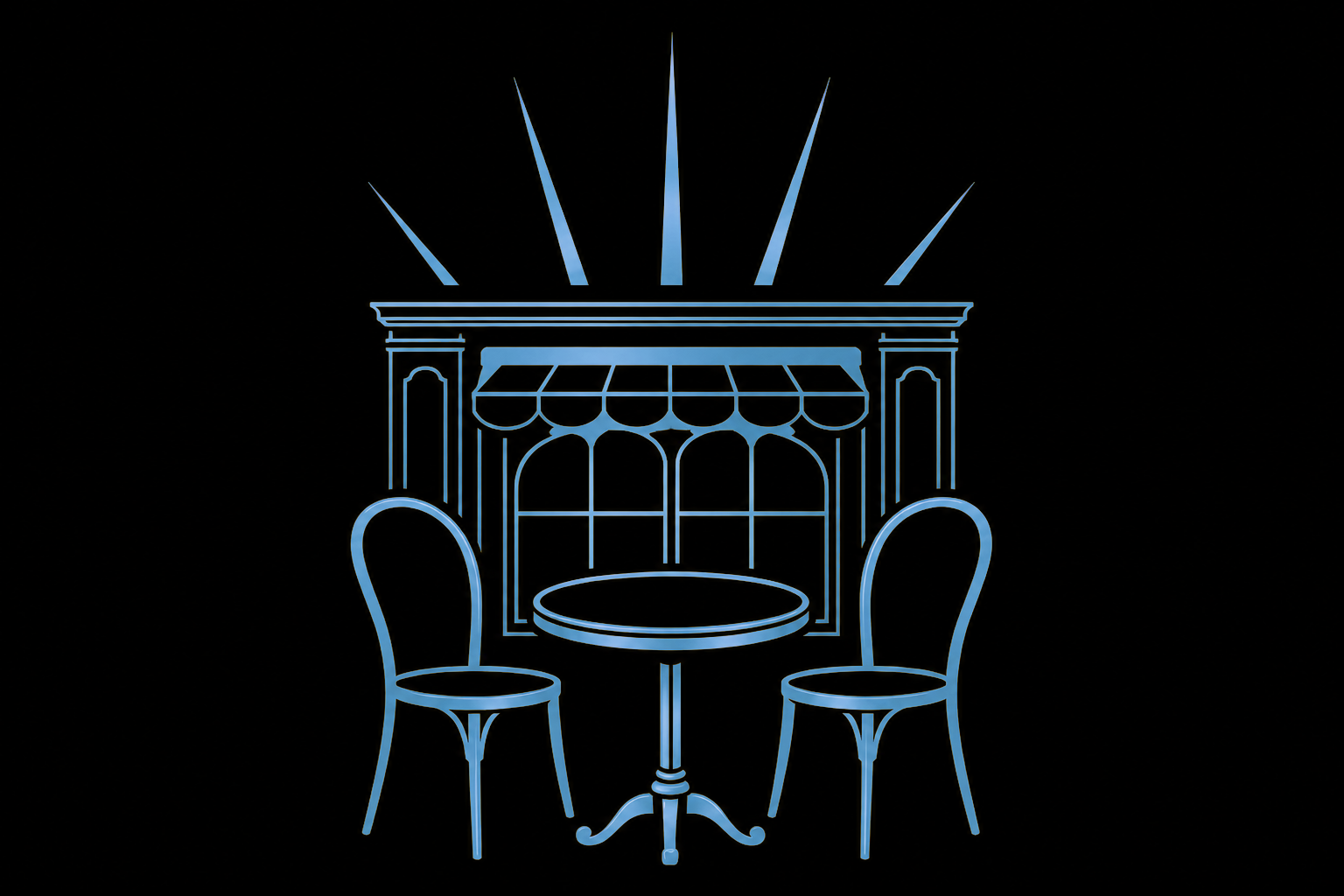 Neon sign of a small cafe scene with two chairs, a round table, a window with an striped awning, and a sign that reads 'OPEN' with rays shining above.