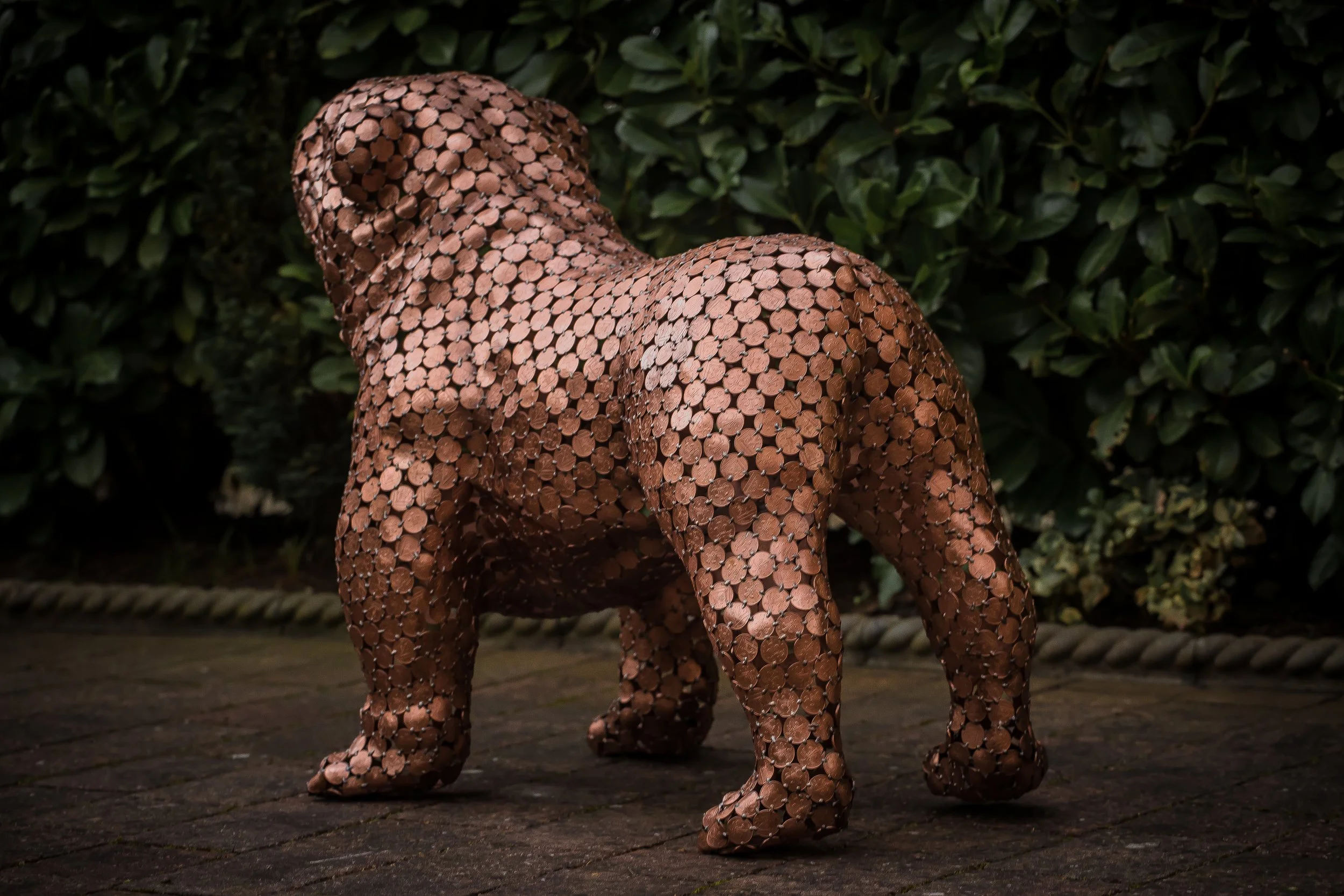 "Bull Dog," a stunning larger-than-life sculpture of a pet bulldog created by Shaun Gagg using primarily welded 2p coins. This commissioned piece brought great joy to its owner.