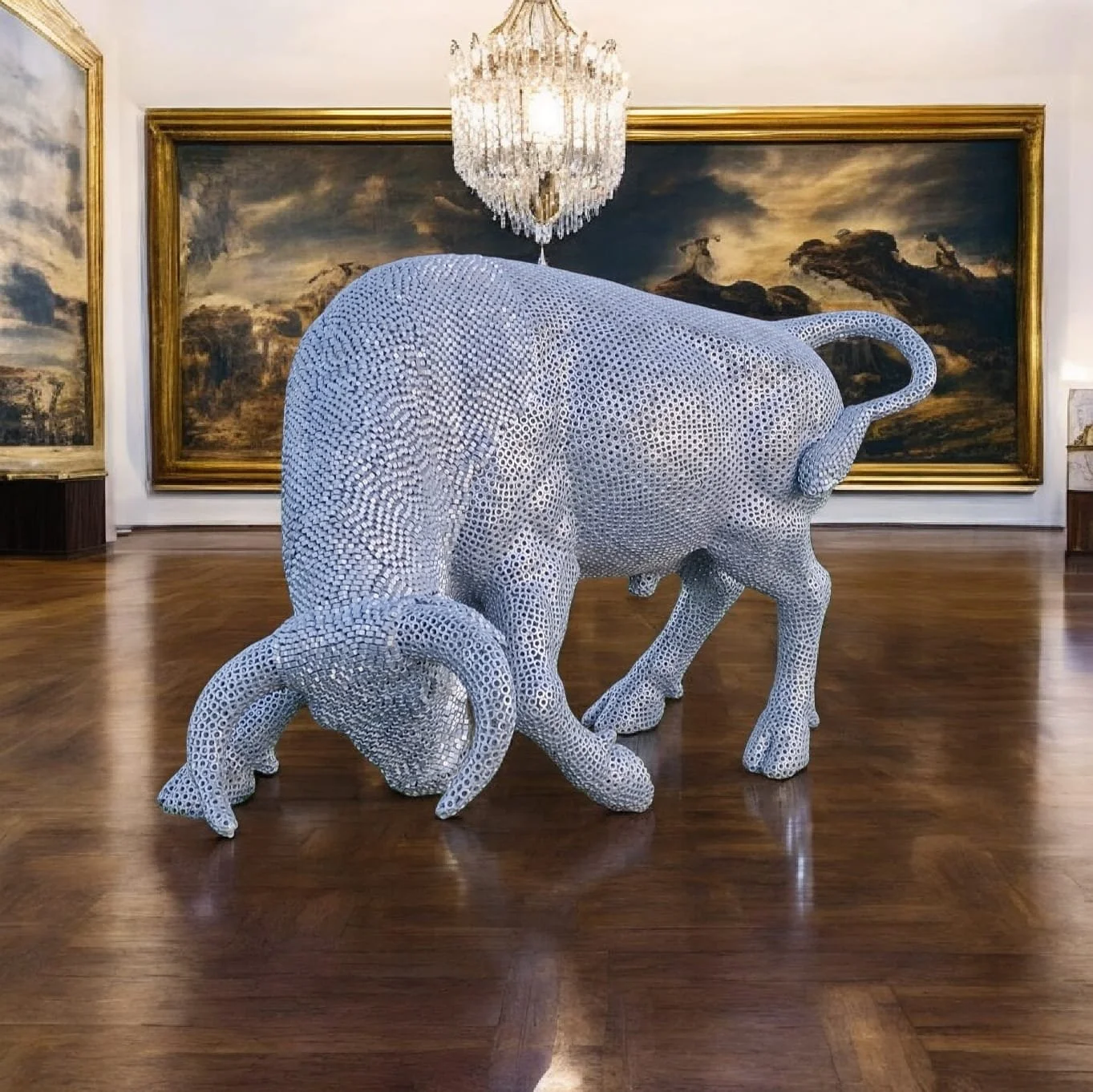“A detailed bull sculpture by Shaun Gagg, built from 14,000 metal nuts and over 50,000 welds, giving it a strong, textured, industrial appearance.”