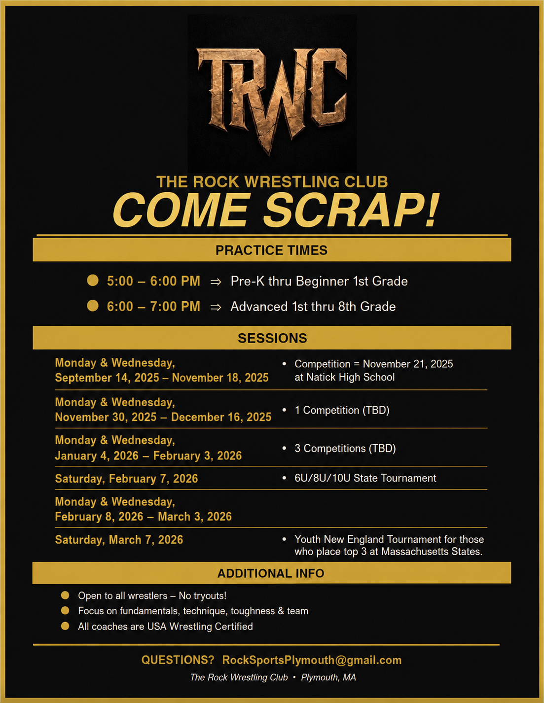 Flyer for The Rock Wrestling Club with practice times, session dates, and additional information about wrestling competitions and coaching.