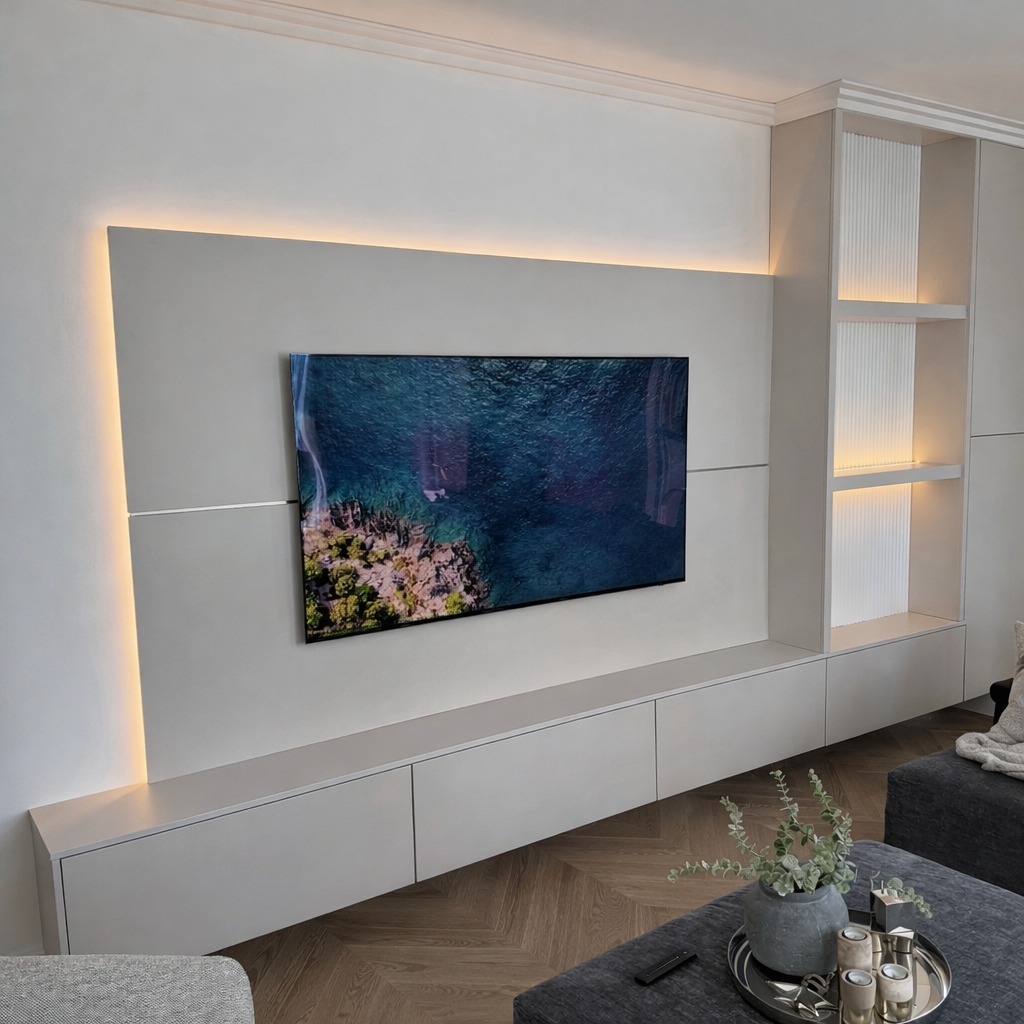 Modern living room with a wall-mounted flat-screen TV, a built-in white cabinet below, and shelving with warm lighting. A gray couch with a blanket, and a table with a vase, candles, and a remote control are also visible.