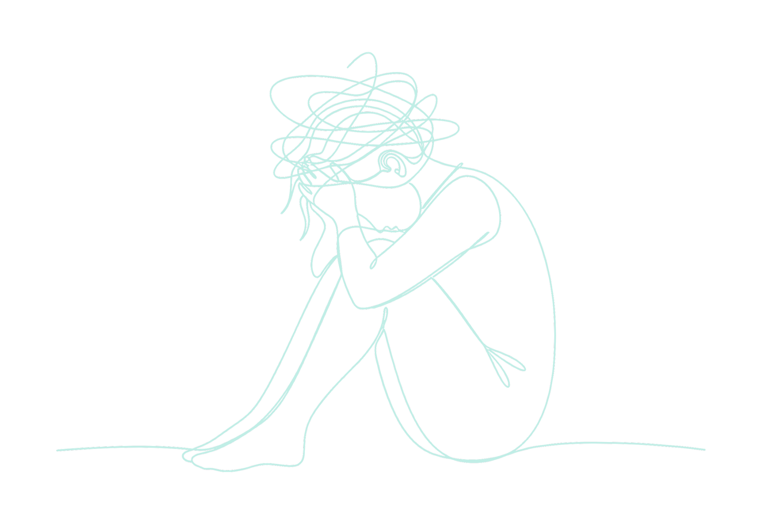 Minimalist light blue line drawing of a person with raised hands and a head full of tangled scribbles on black background.