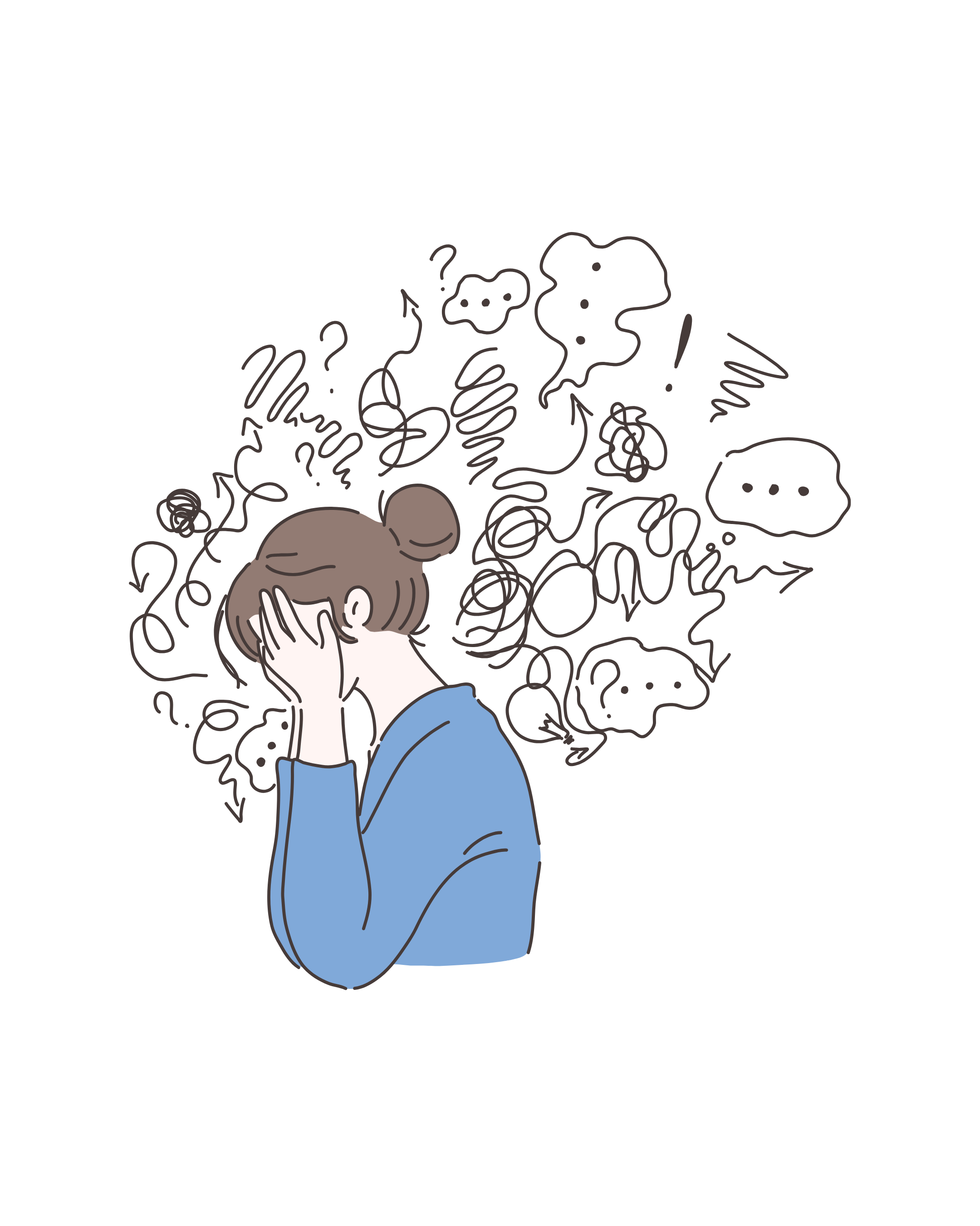A person with brown hair holding their head with both hands, surrounded by black scribbles and question marks, depicting confusion or mental distress.