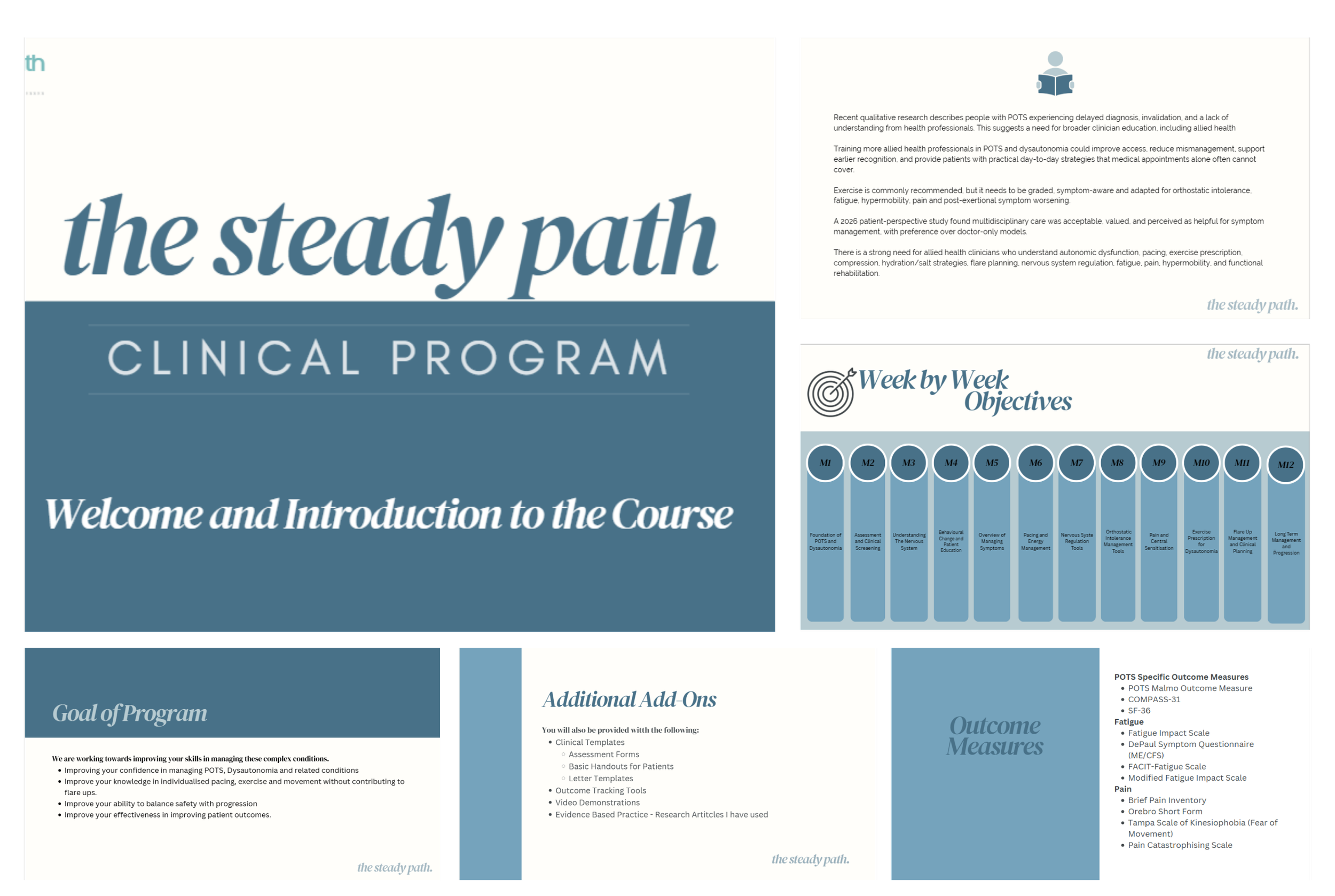 Title slide of a clinical program presentation titled "the steady path" with a subtitle "Welcome and Introduction to the Course." The slide has a blue and white color scheme with a large decorative font for the title.