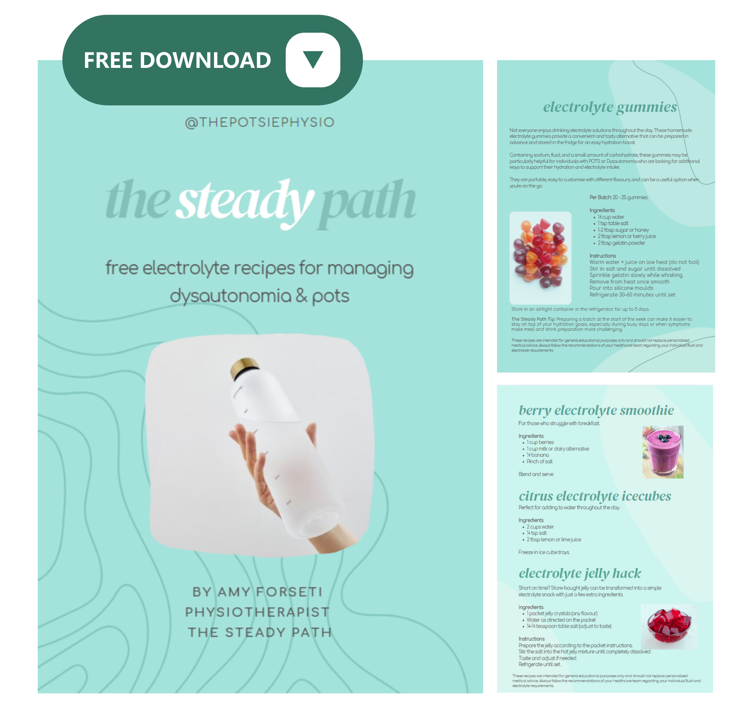 Book cover titled 'The Steady Path' by Amy Forseti, about electrolyte recipes for managing dysautonomia and pots. The cover features a light teal background with wavy line designs and a small image of a hand holding a white device.