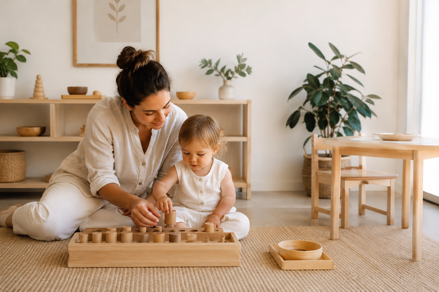 A woman and a young girl playing a wooden game on the floor in a cozy, minimalist room with plants and art on the walls.