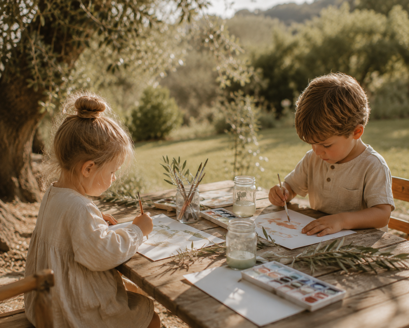 Two children, a girl and a boy, are sitting at a rustic wooden table outdoors, painting watercolor pictures on paper with paintbrushes. The setting is a lush, green garden with trees and sunlight filtering through the leaves.