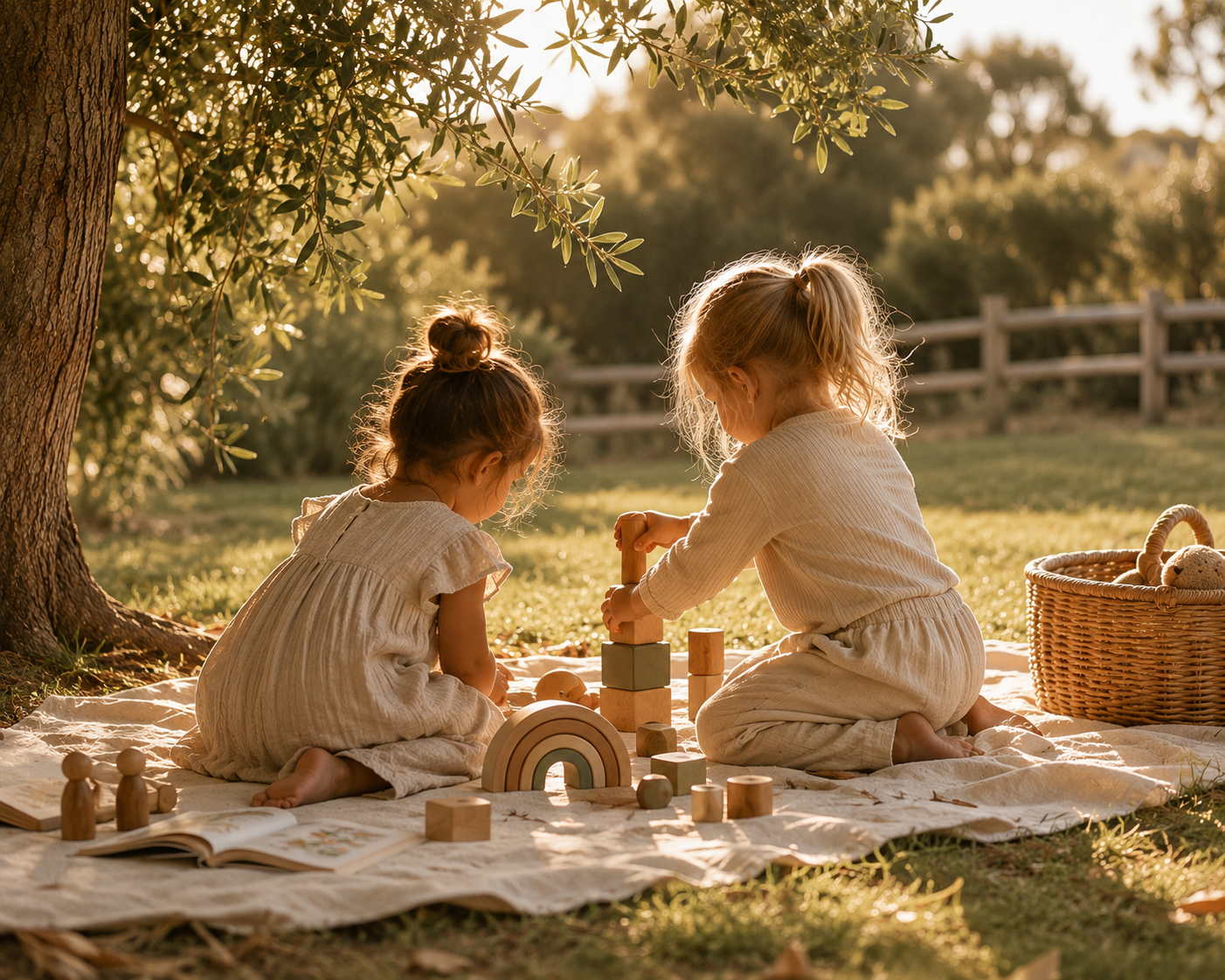 Two young girls playing with wooden blocks and toys on a blanket outdoors under a tree in warm sunlight.