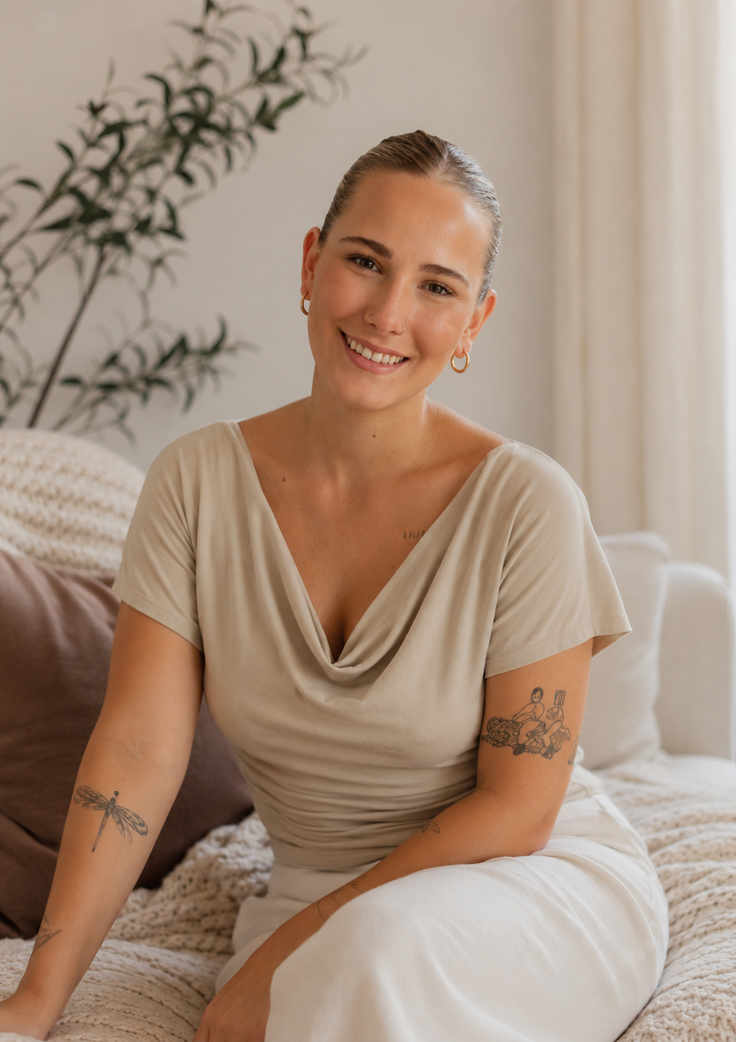 A smiling woman with tattoos on her arms, wearing hoop earrings and a beige top, sitting on a bed in a cozy room with neutral decor.