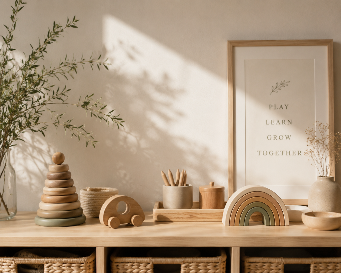 Minimalist wooden decor with greenery, a rainbow ornament, and a framed sign with words 'Play, Learn, Grow, Together' in a cozy room.