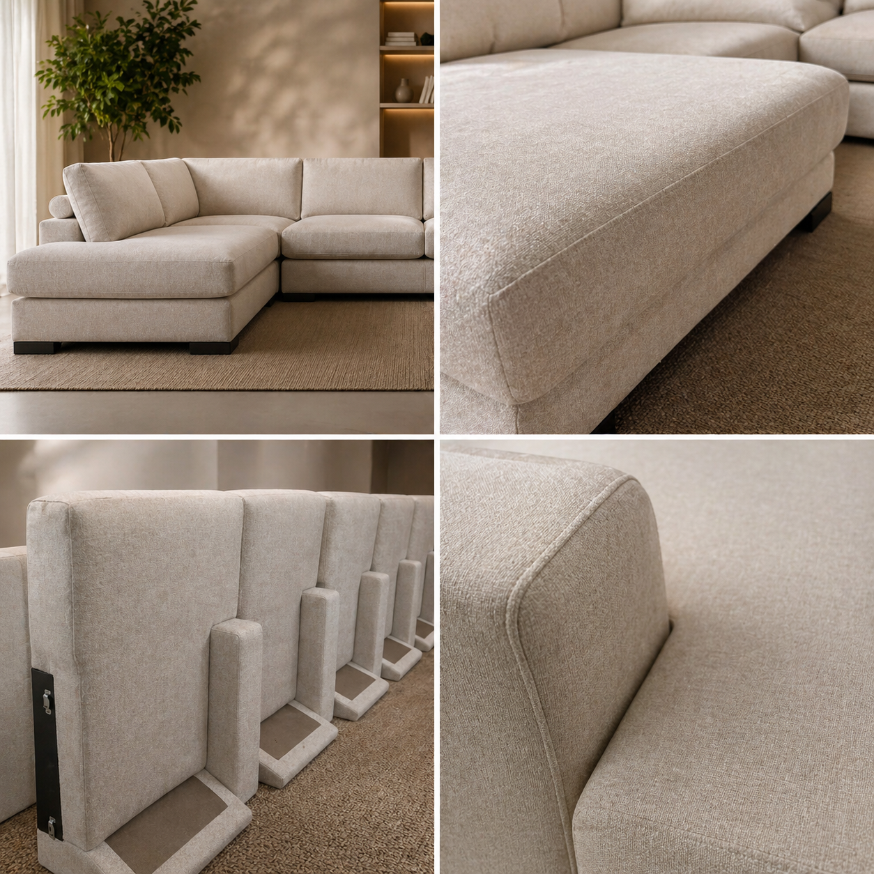 A beige sectional sofa with a textured fabric, shown from multiple angles including the side, back, and close-up details of the upholstery and armrest.