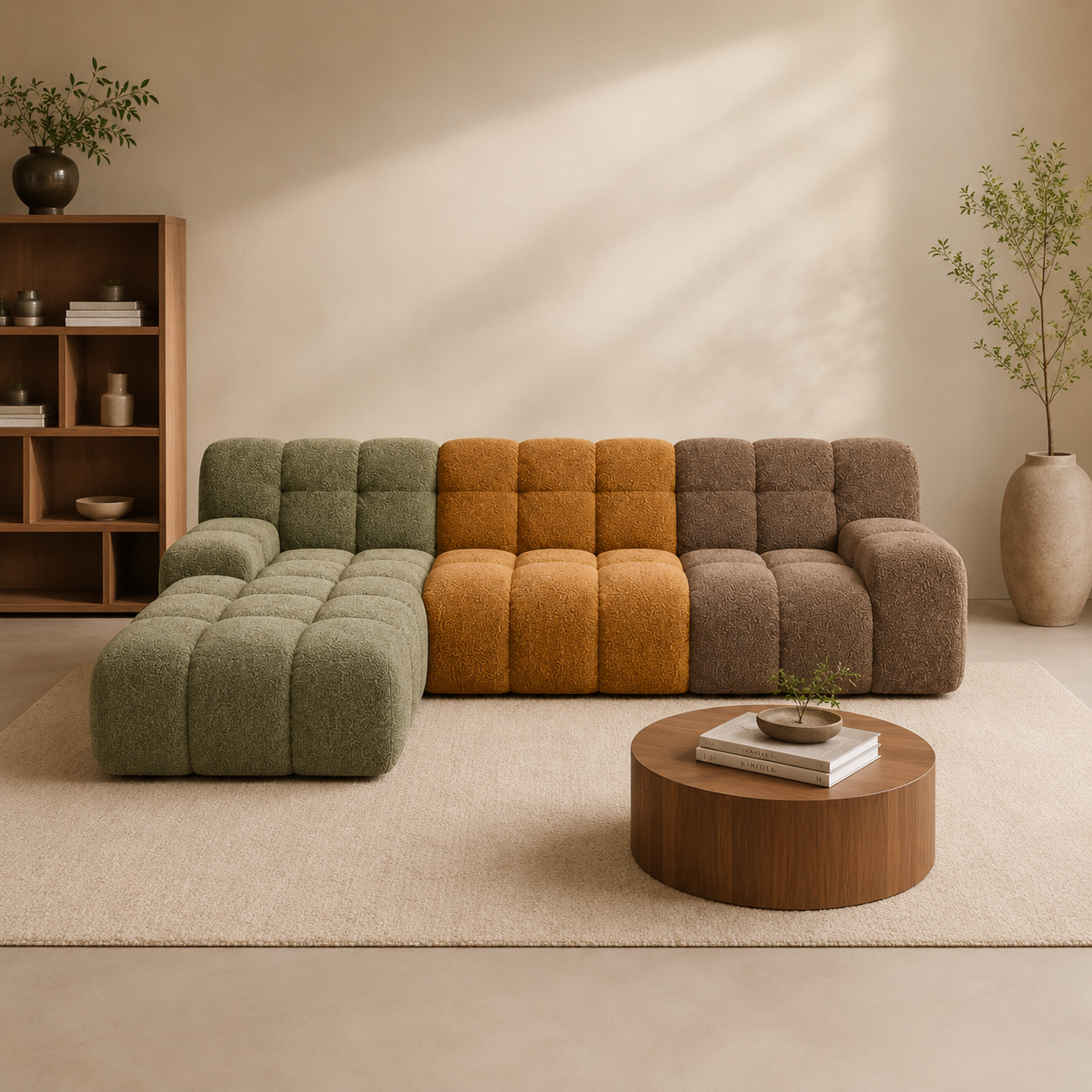 A sectional sofa with green, orange, and brown textured fabric upholstery in a modern living room. A round wooden coffee table with books and a small plant is in front. There is a beige rug on a light-colored floor, a wooden shelf with decorative items and books on the left, and two large potted plants on the right, with neutral-colored walls and natural lighting.