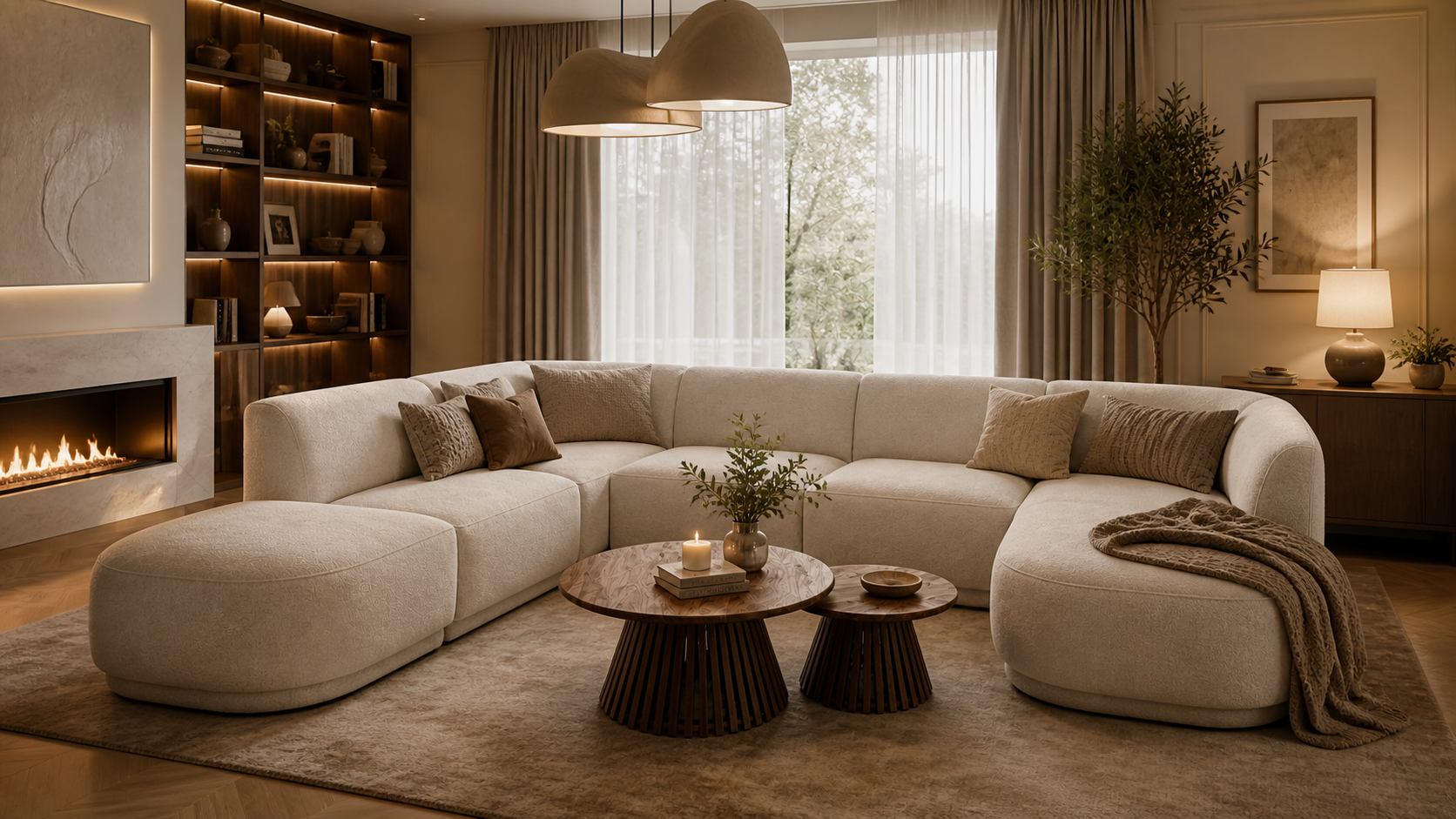 A cozy living room with a large white sectional sofa, a round wooden coffee table with a small matching side table, a lit candle and a book vase on the coffee table, and decorative pillows. There is a natural-colored rug underneath. In the background, a fireplace, built-in bookshelf, large windows with sheer curtains, a framed artwork, potted plants, and soft lighting create a warm and inviting atmosphere.
