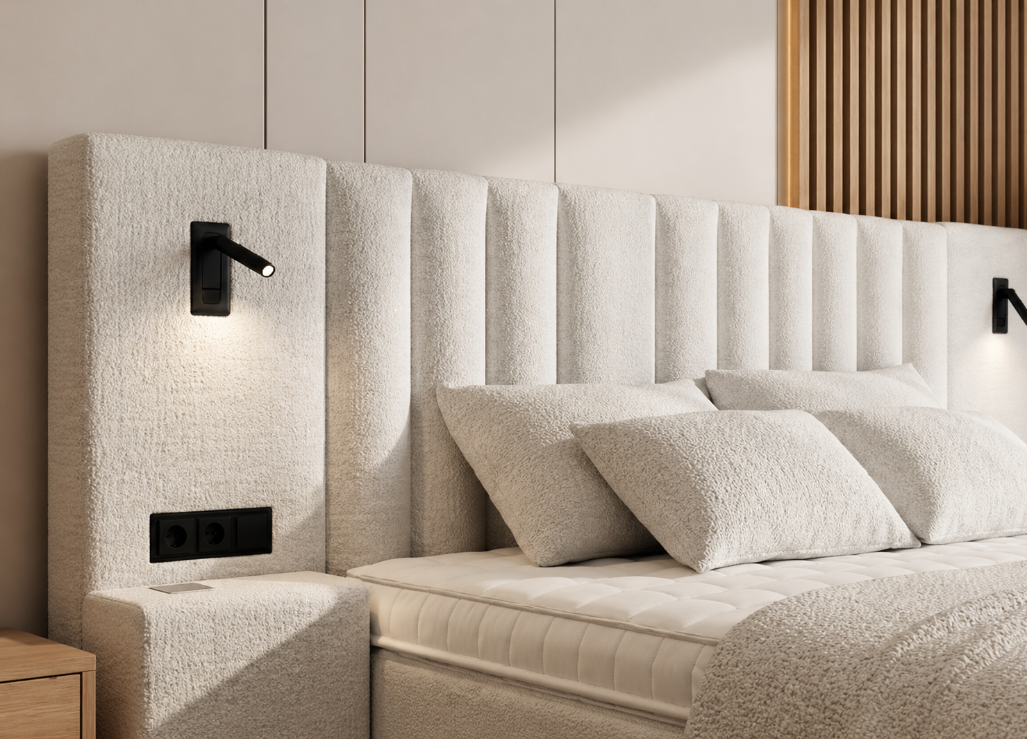 Close-up of a modern, upholstered bed with beige textured fabric, featuring two matching pillows, a headboard with vertical panels, and wall-mounted reading lights on either side of the bed.