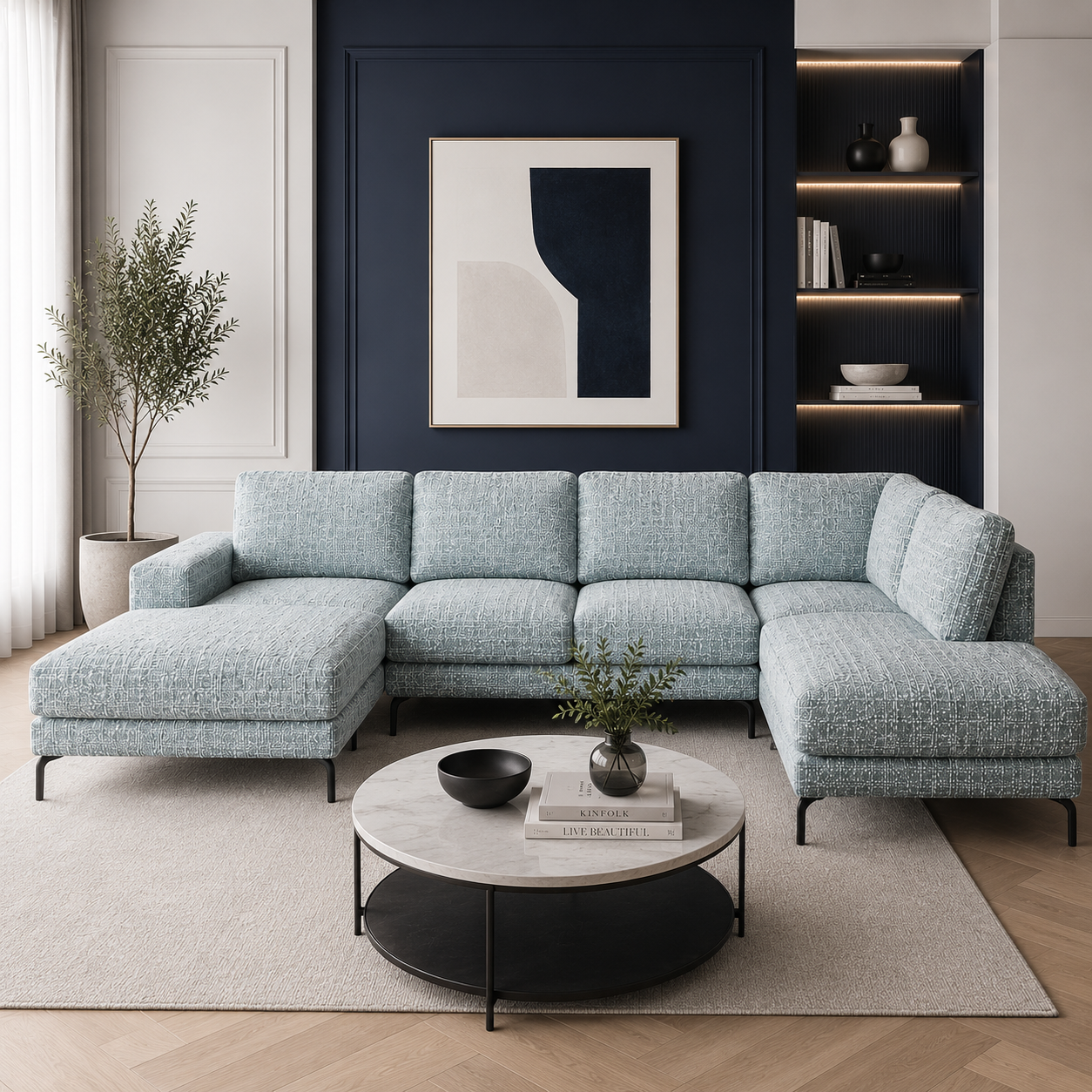 Modern living room with light blue sectional sofa, white marble coffee table with black base, abstract wall art, potted plant, and built-in shelves with decorative items.