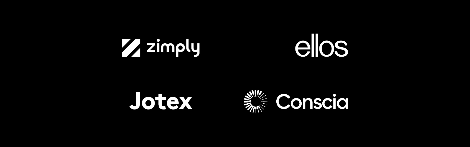 Black background with white logos of Zimply, Ellos, Jotex, and Conscia, arranged in a 2x2 grid.