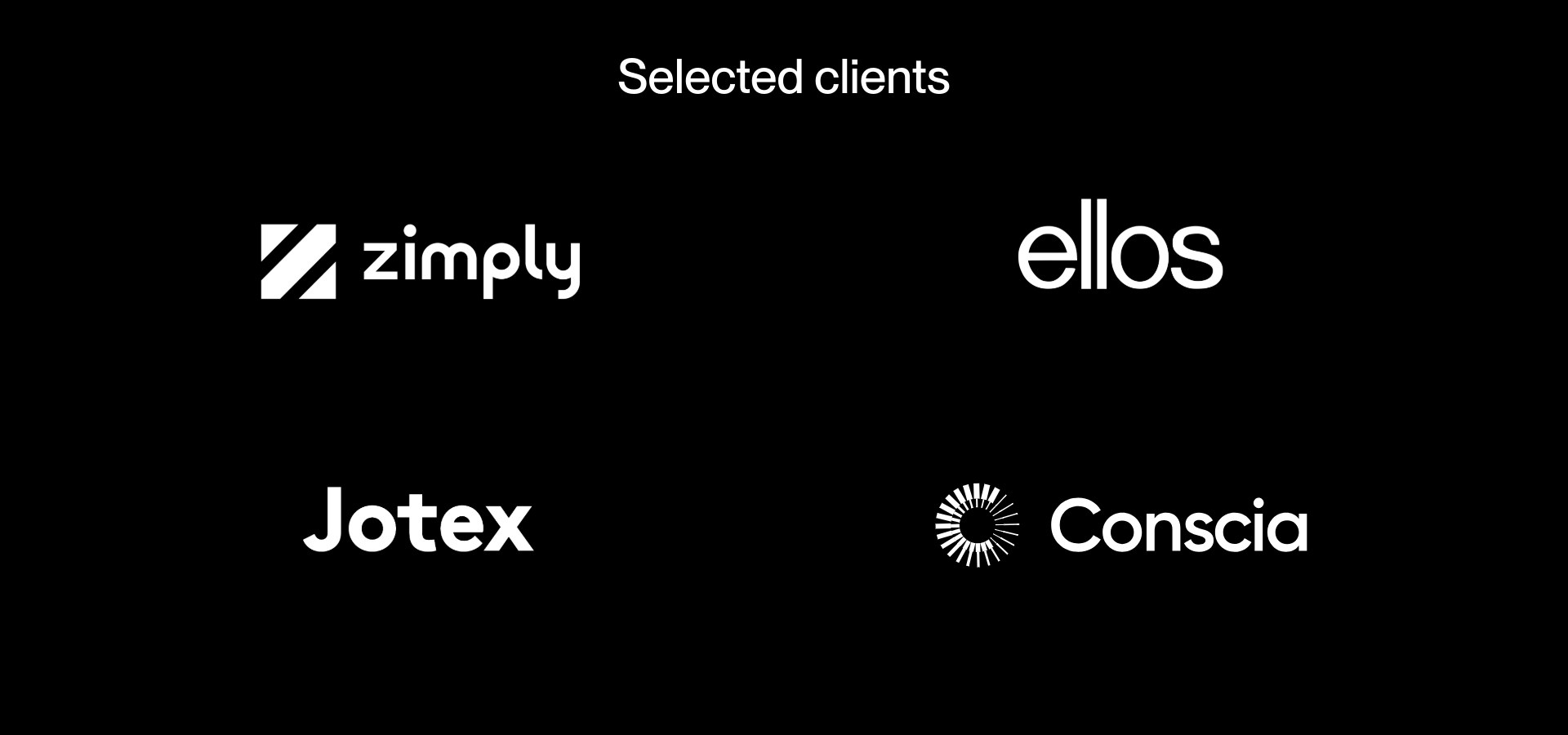 Black background with white text and logos of selected clients: Zimply, Ellos, Jotex, Conscia, with a title 'Selected clients' at the top.
